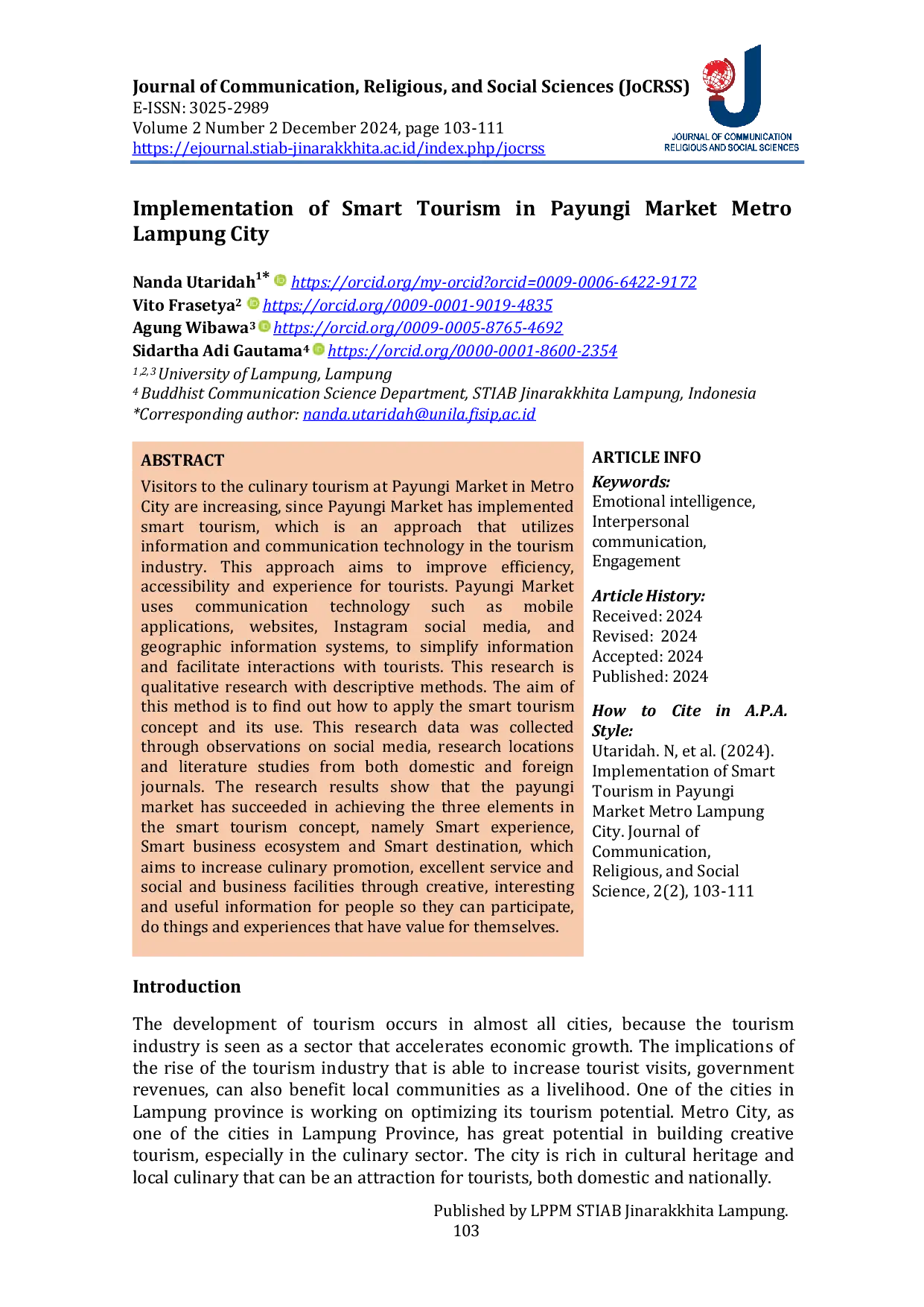 JURIS Implementation of Smart Tourism in Payungi Market Metro Lampung City