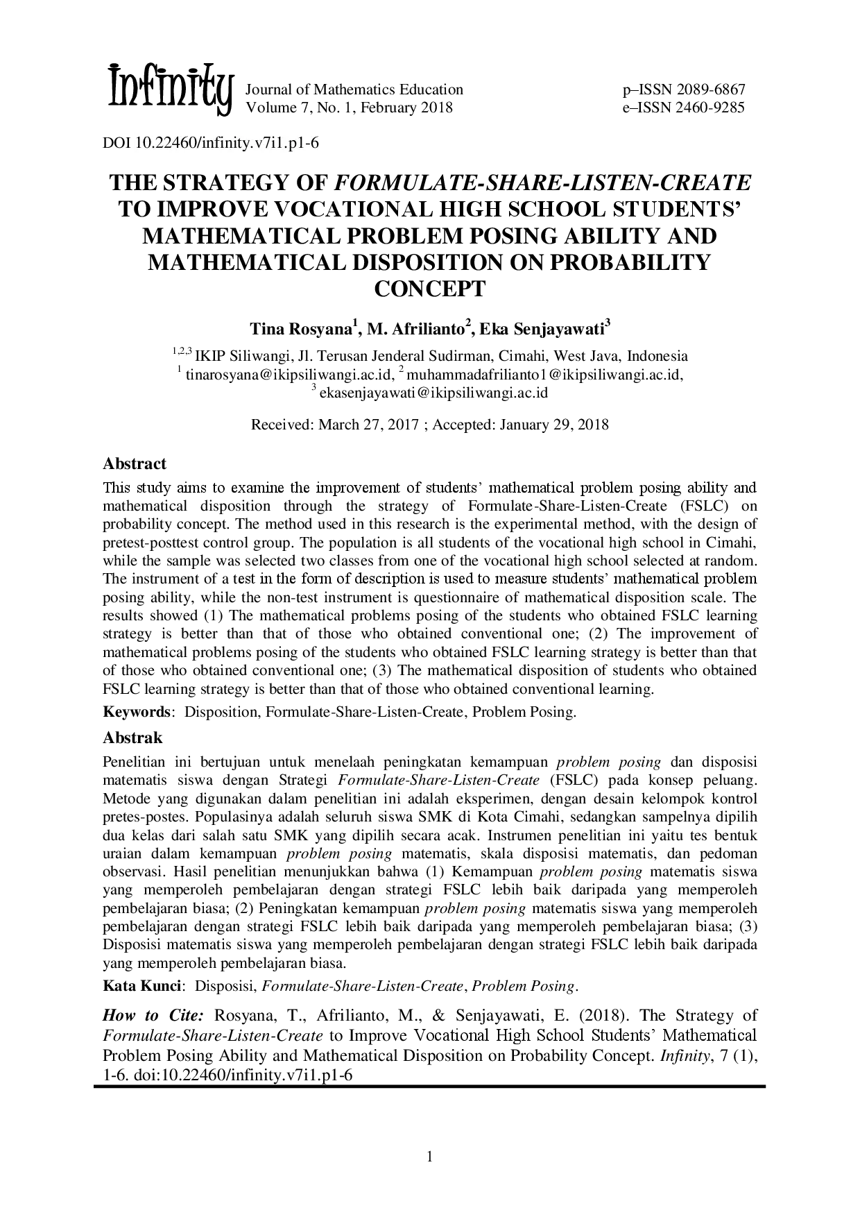 juris The Strategy Of Formulate Share Listen Create To Improve Vocational High School Students Mathematical Problem Posing Ability And Mathematical Disposition On Probability Concept