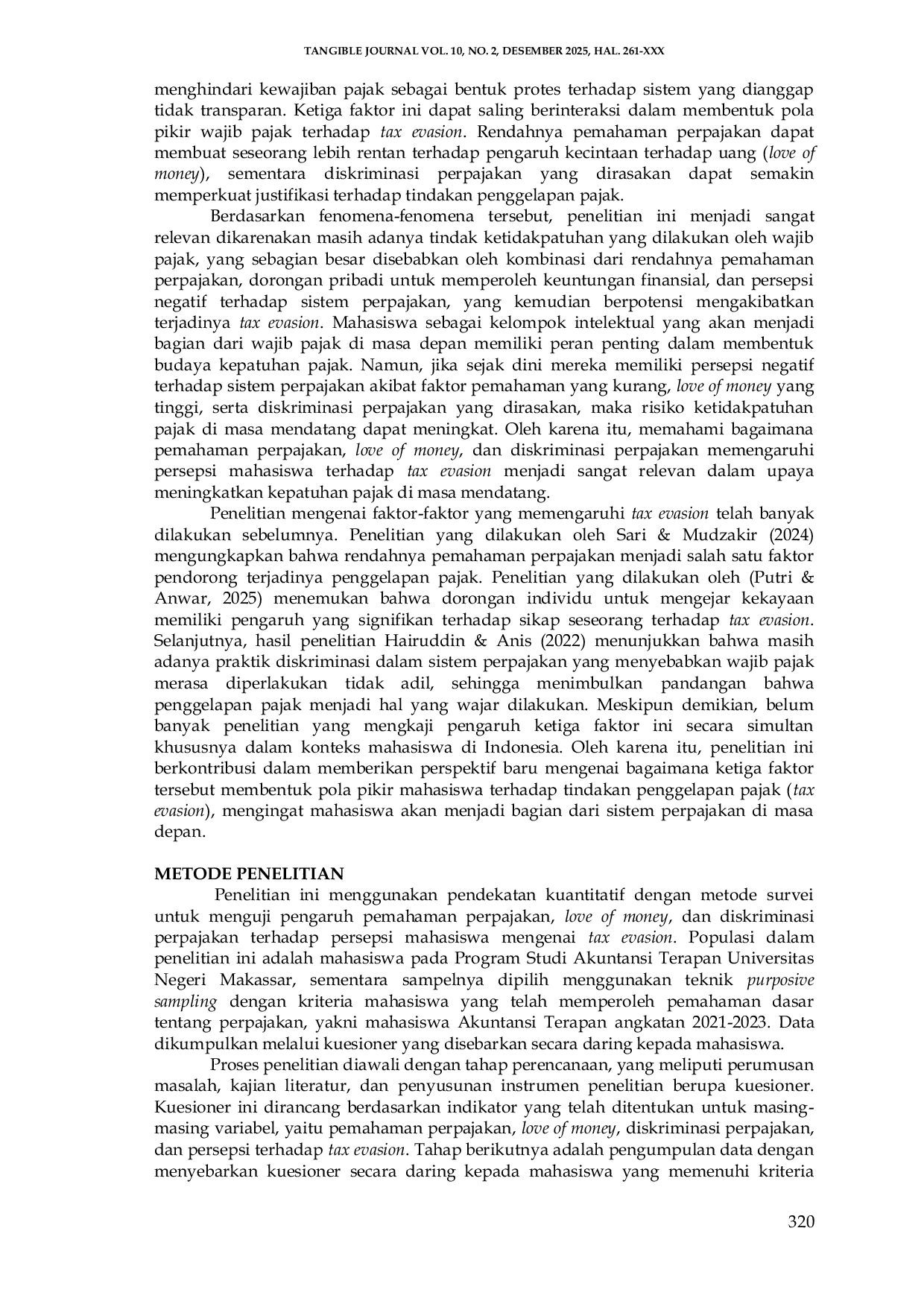 JURIS Pengaruh Pemahaman Perpajakan Love of Money dan Diskriminasi Perpajakan terhadap Persepsi Mahasiswa Mengenai Tax Evasion