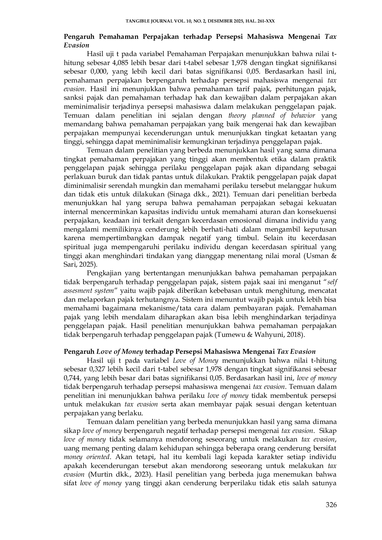 JURIS Pengaruh Pemahaman Perpajakan Love of Money dan Diskriminasi Perpajakan terhadap Persepsi Mahasiswa Mengenai Tax Evasion
