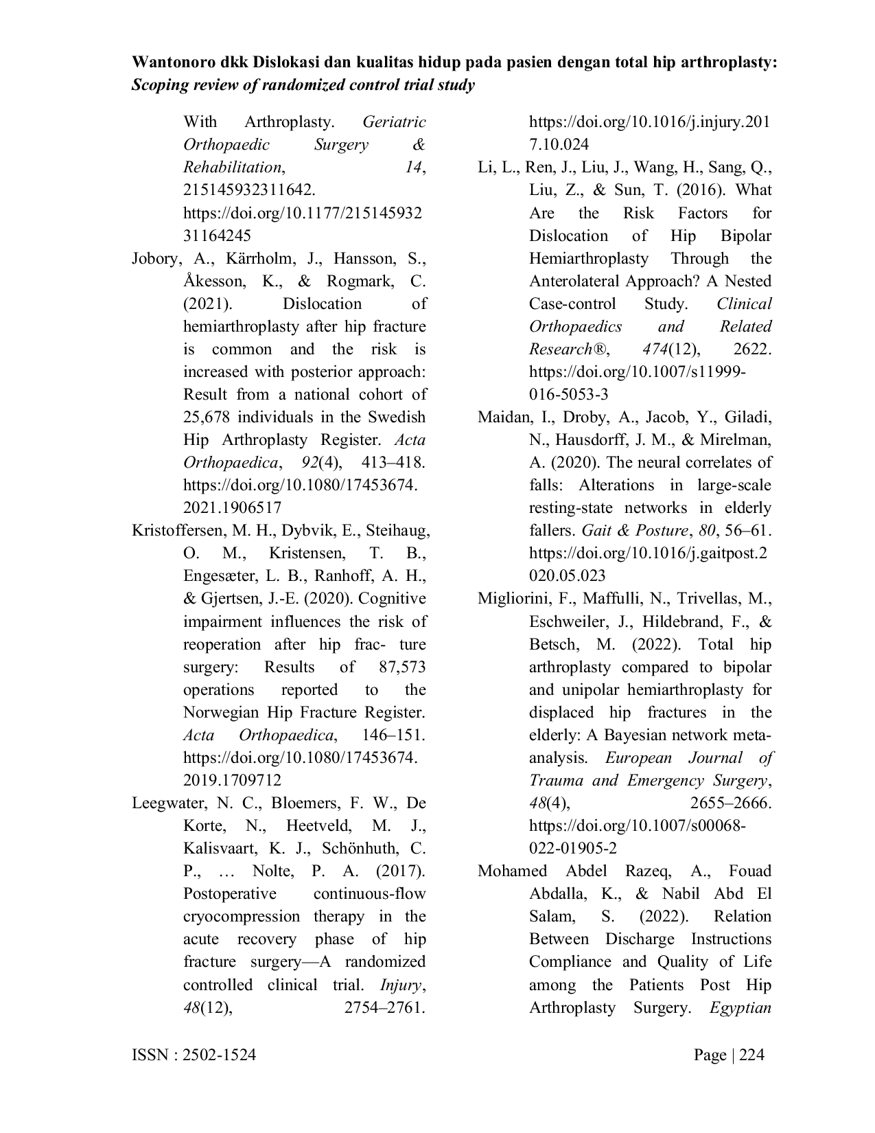 JURIS Dislokasi dan Kualitas Hidup pada Pasien dengan Total Hip Arthroplasty Scoping Review of Randomized Control Trial Study