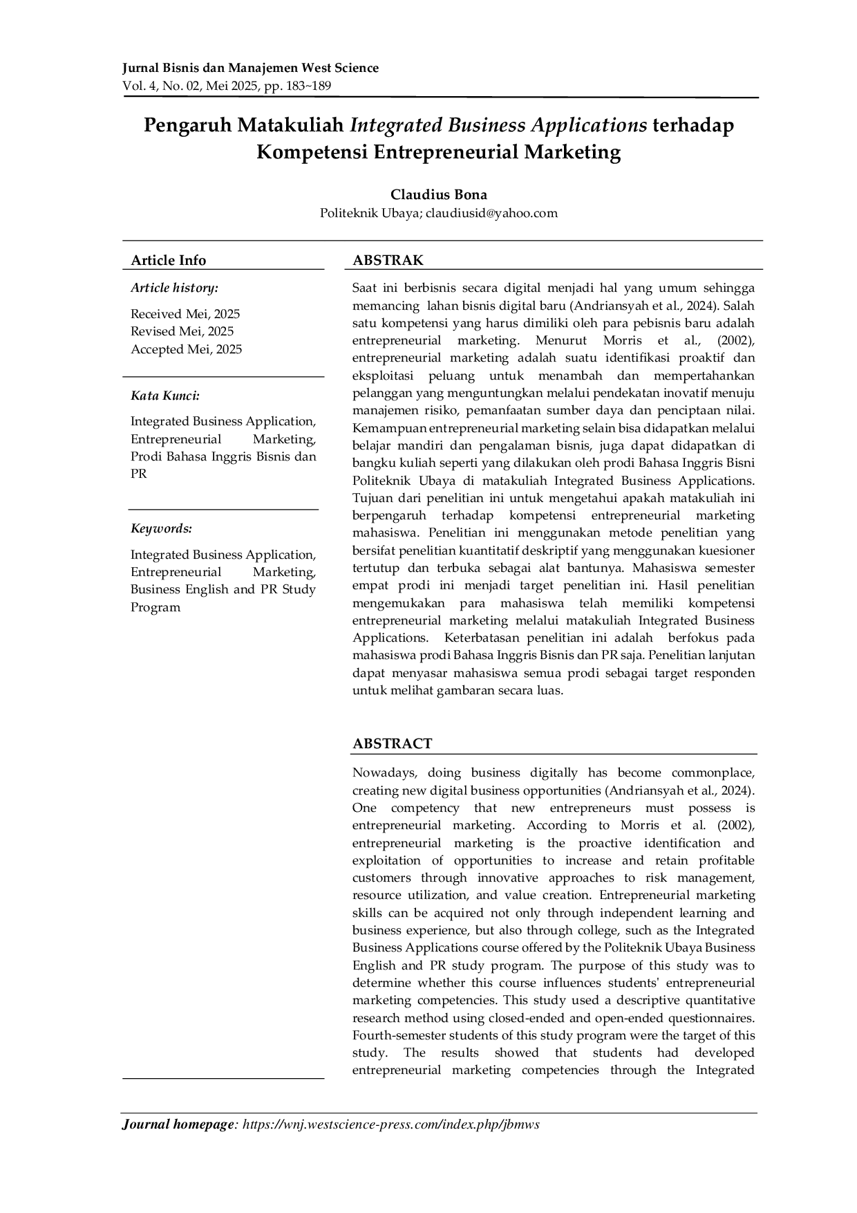 JURIS Pengaruh Matakuliah Integrated Business Applications Terhadap Kompetensi Entrepreneurial Marketing