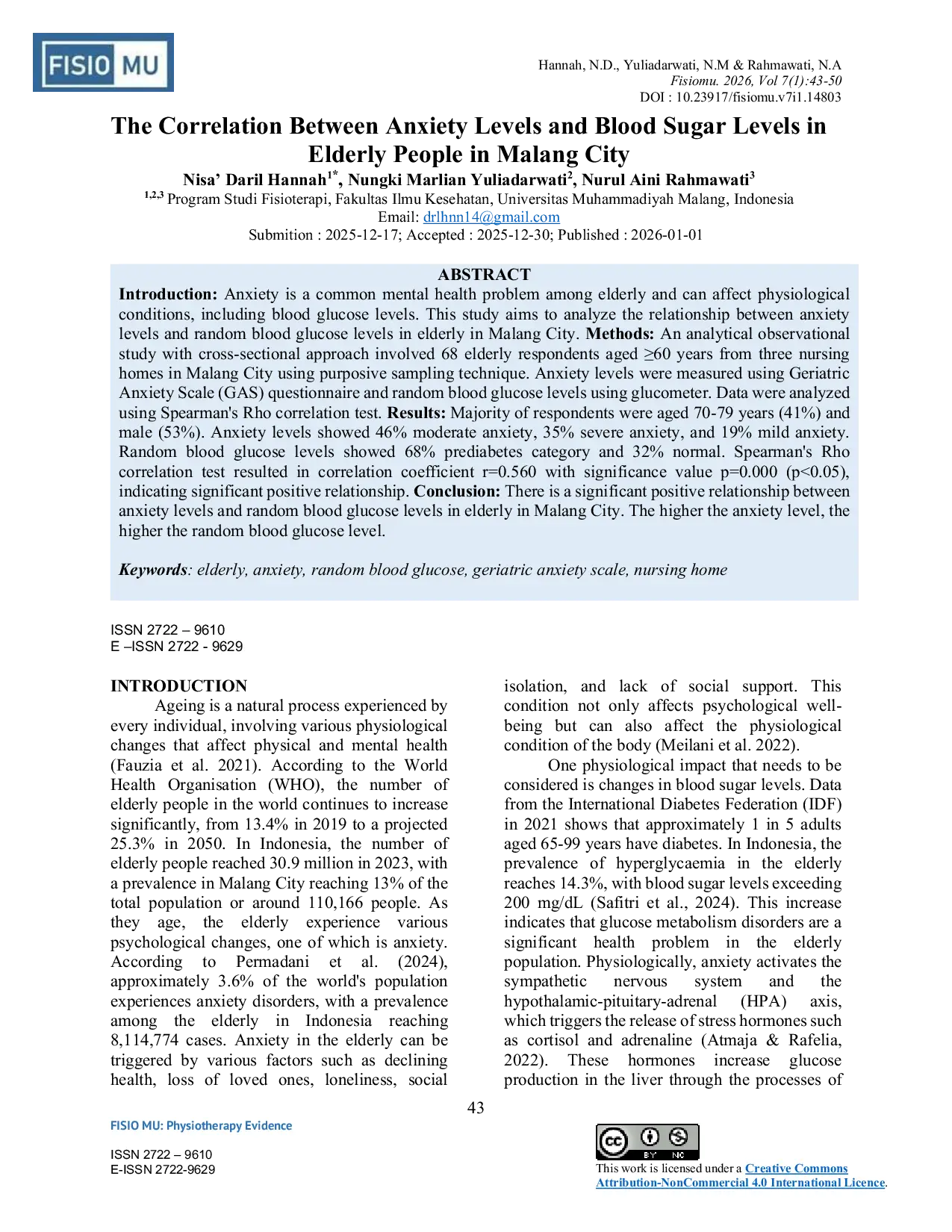 JURIS The Correlation Between Anxiety Levels and Blood Sugar Levels in Elderly People in Malang City