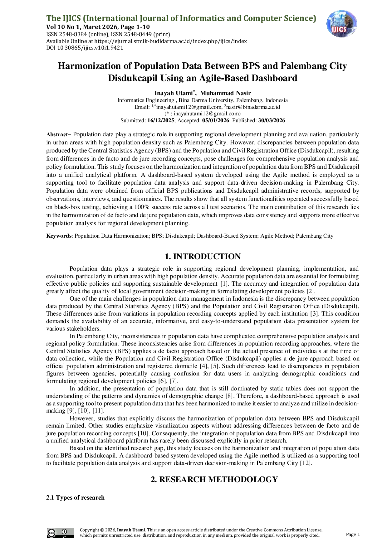 JURIS Harmonization of Population Data Between BPS and Palembang City Disdukcapil Using an Agile Based Dashboard