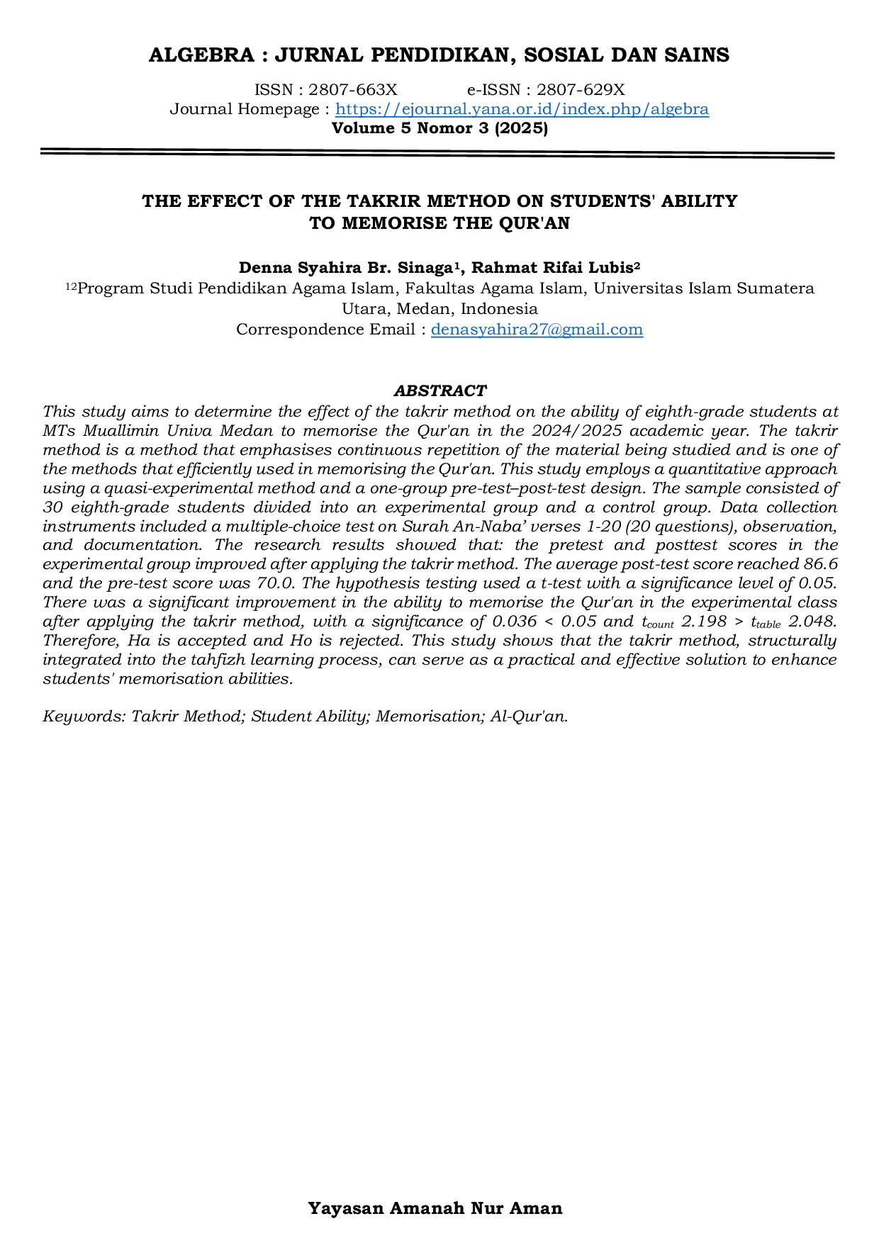 JURIS THE EFFECT OF THE TAKRIR METHOD ON STUDENTS ABILITY TO MEMORISE THE QUR AN