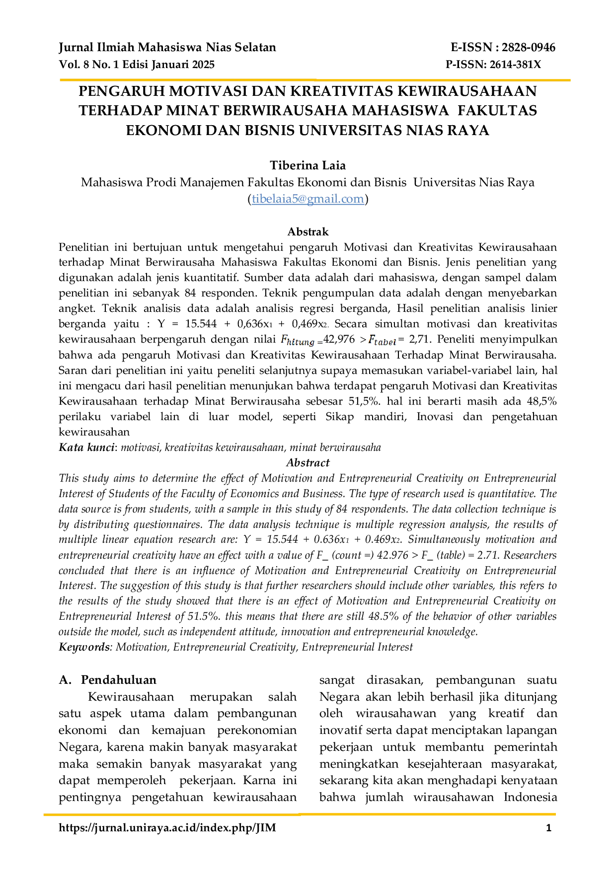JURIS Pengaruh Motivasi Dan Kreativitas Kewirausahaan Terhadap Minat Berwirausaha Mahasiswa Fakultas Ekonomi Dan Bisnis Universitas Nias Raya