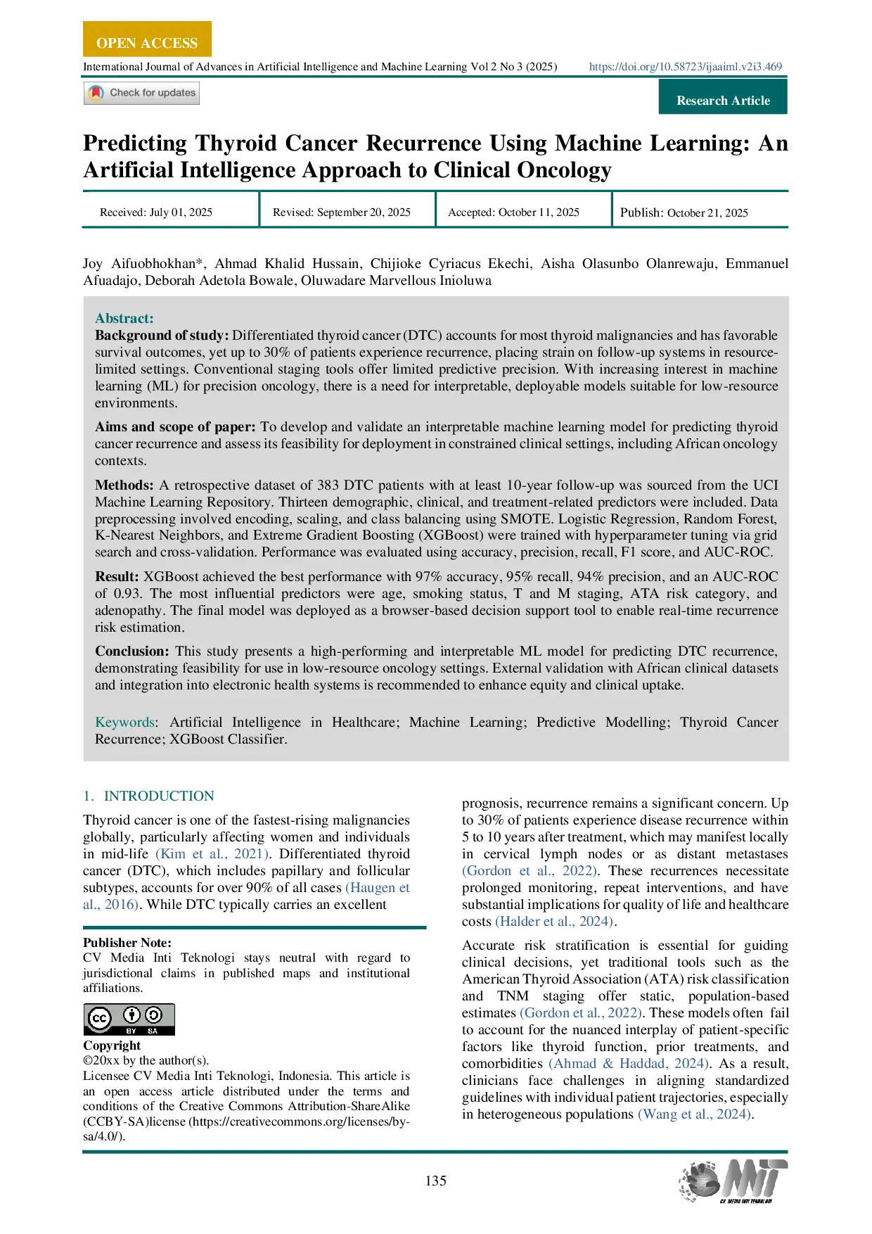 JURIS Predicting Thyroid Cancer Recurrence Using Machine Learning An Artificial Intelligence Approach to Clinical Oncology