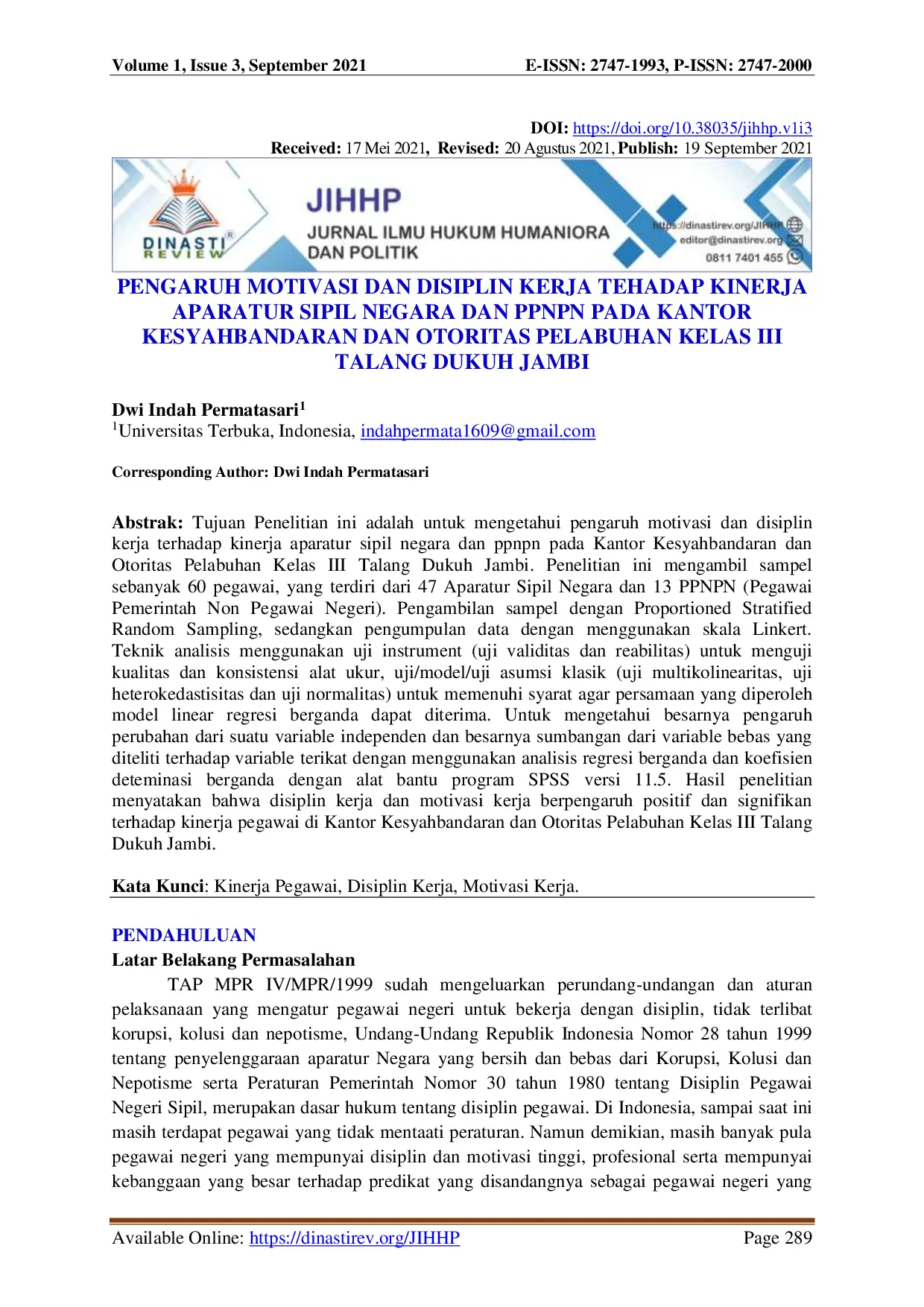 juris Pengaruh Motivasi Dan Disiplin Kerja Terhadap Kinerja Aparatur Sipil Negara Dan Ppnpn Pada Kantor Kesyahbandaran Dan Otoritas Pelabuhan Kelas Iii Talang Dukuh Jambi