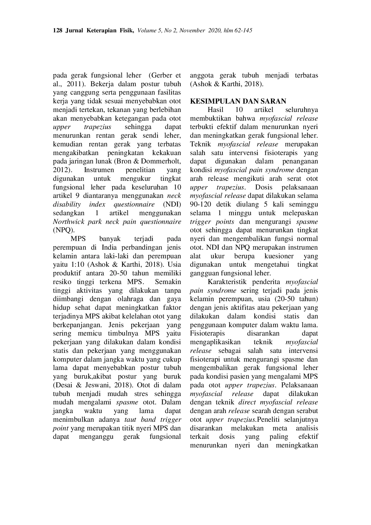 JURIS Myofascial Release Menurunkan Nyeri dan Meningkatkan Fungsional Leher Myofascial Pain Syndrome Otot Upper Trapezius
