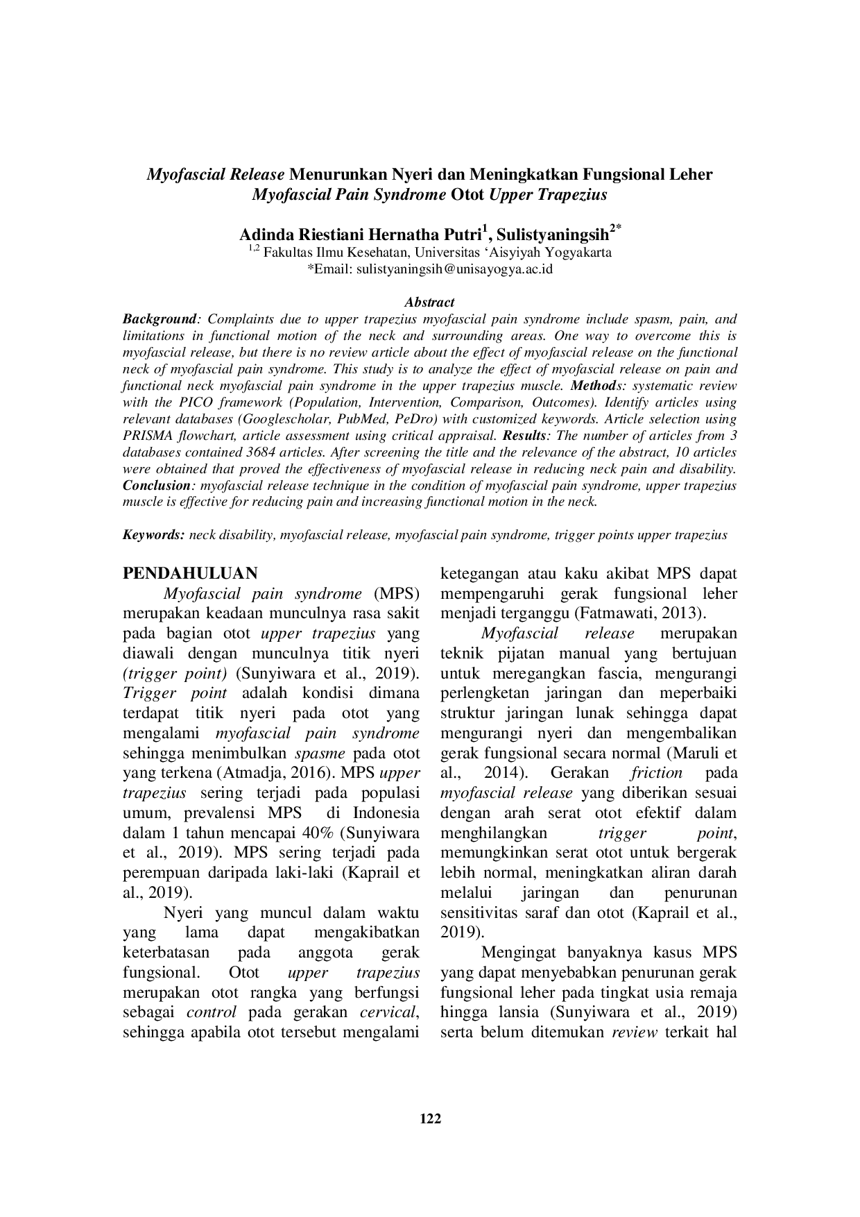 JURIS Myofascial Release Menurunkan Nyeri dan Meningkatkan Fungsional Leher Myofascial Pain Syndrome Otot Upper Trapezius