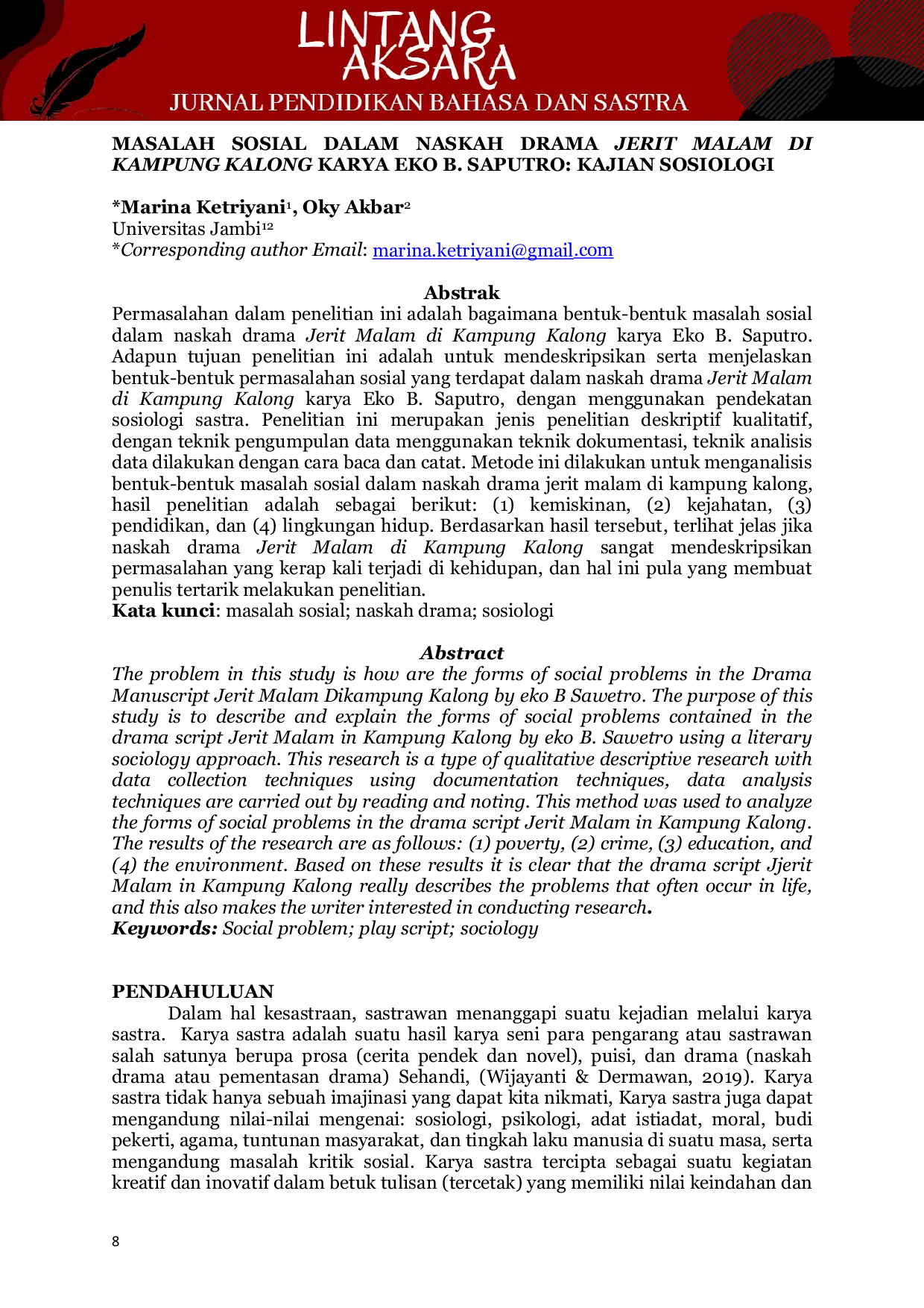 JURIS Masalah Sosial Dalam Naskah Drama Jerit Malam Di Kampung Kalong Karya Eko B Saputro Kajian Sosiologi