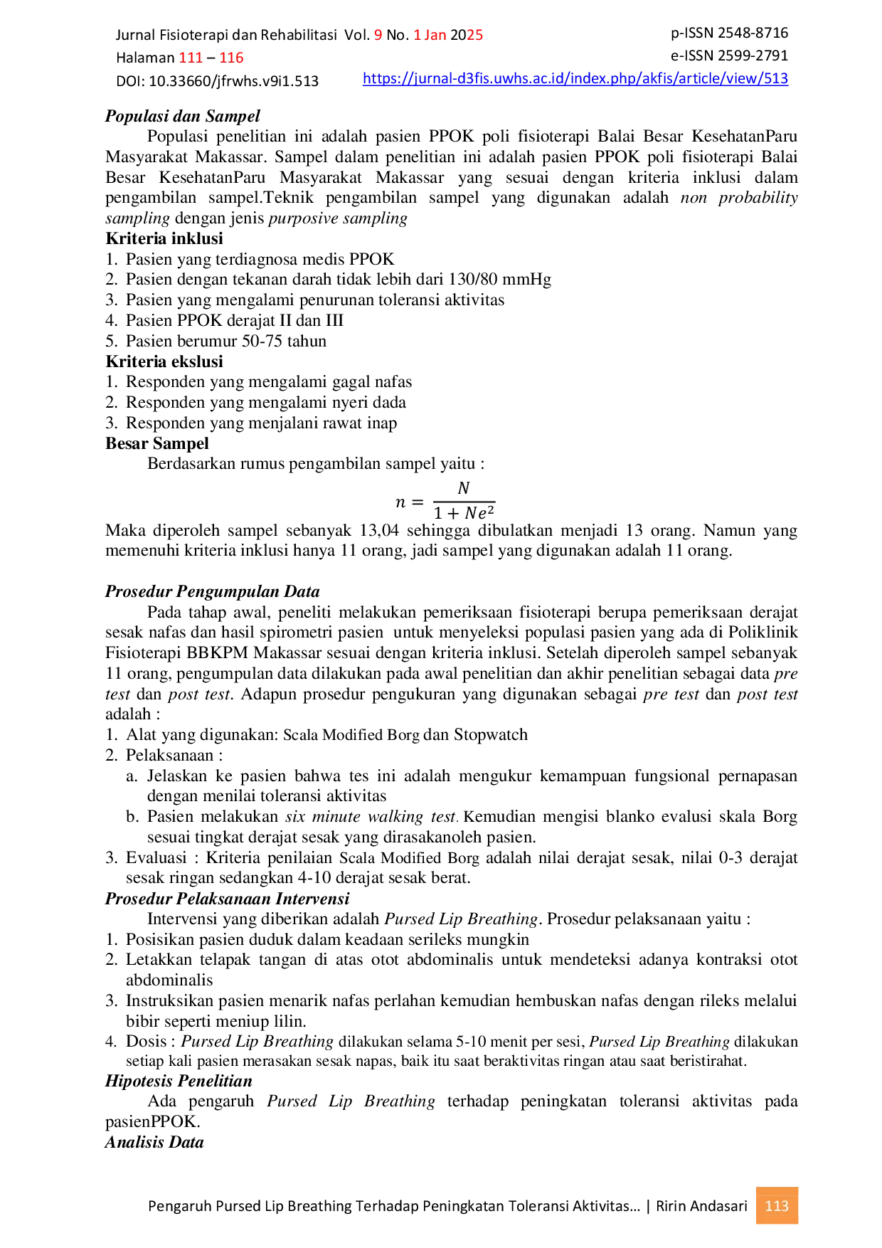 JURIS Pengaruh Pursed Lip Breathing Terhadap Peningkatan Toleransi Aktivitas Pada Pasien Penyakit Paru Obstruktif Kronik PPOK