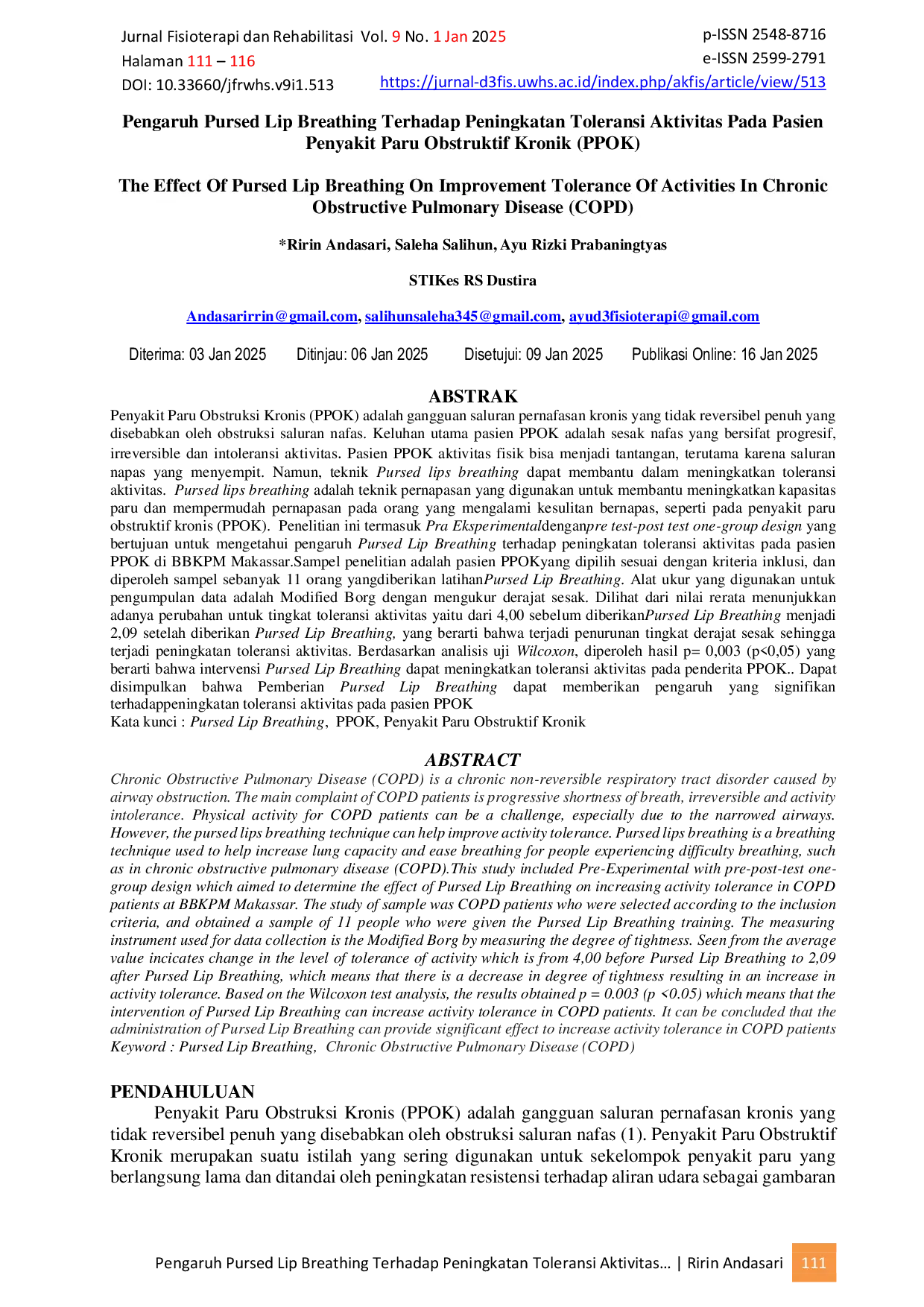 JURIS Pengaruh Pursed Lip Breathing Terhadap Peningkatan Toleransi Aktivitas Pada Pasien Penyakit Paru Obstruktif Kronik PPOK