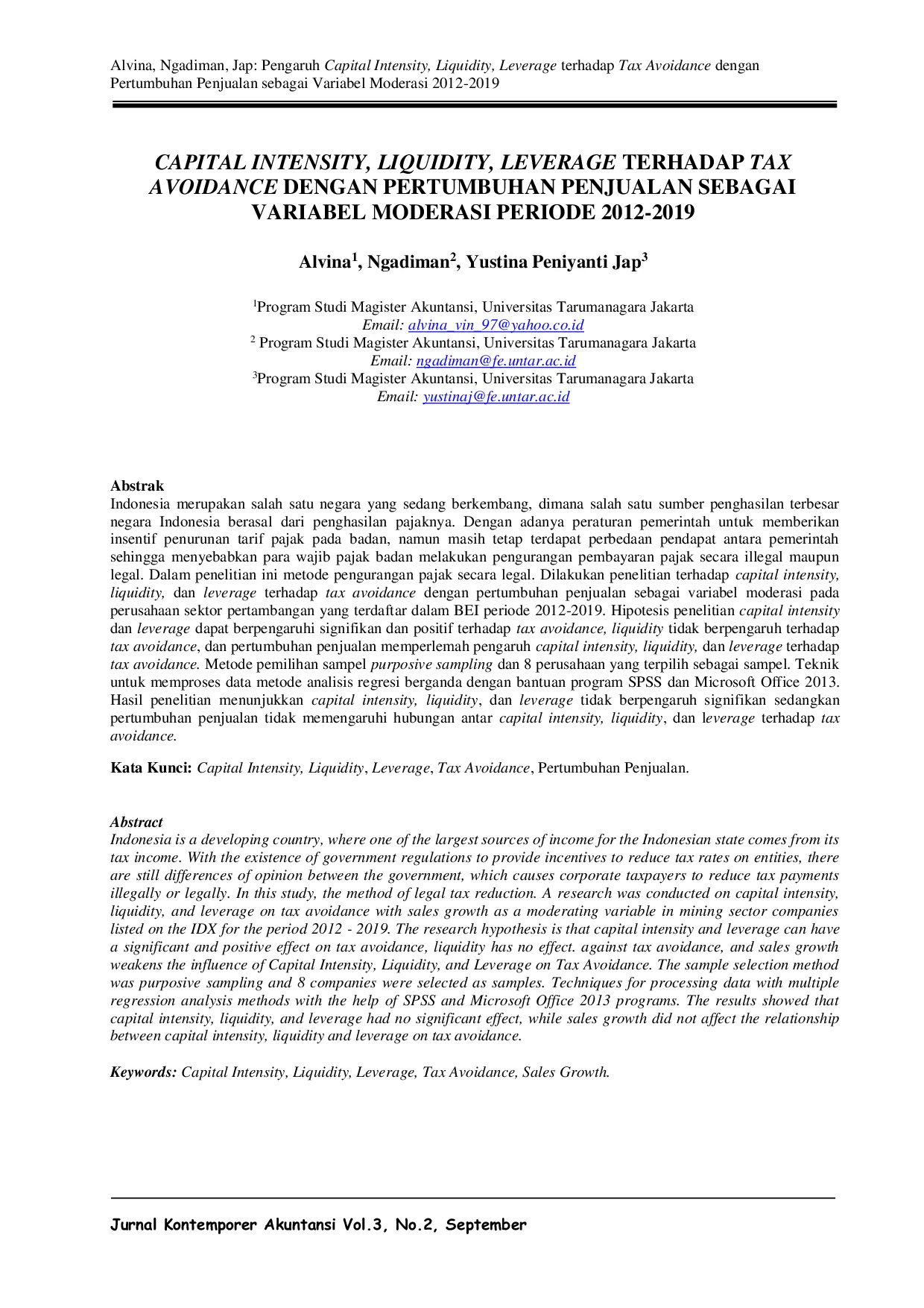 JURIS Pengaruh Capital Intensity Liquidity Leverage terhadap Tax Avoidance dengan Pertumbuhan Penjualan sebagai Variabel Moderasi 2012 2019