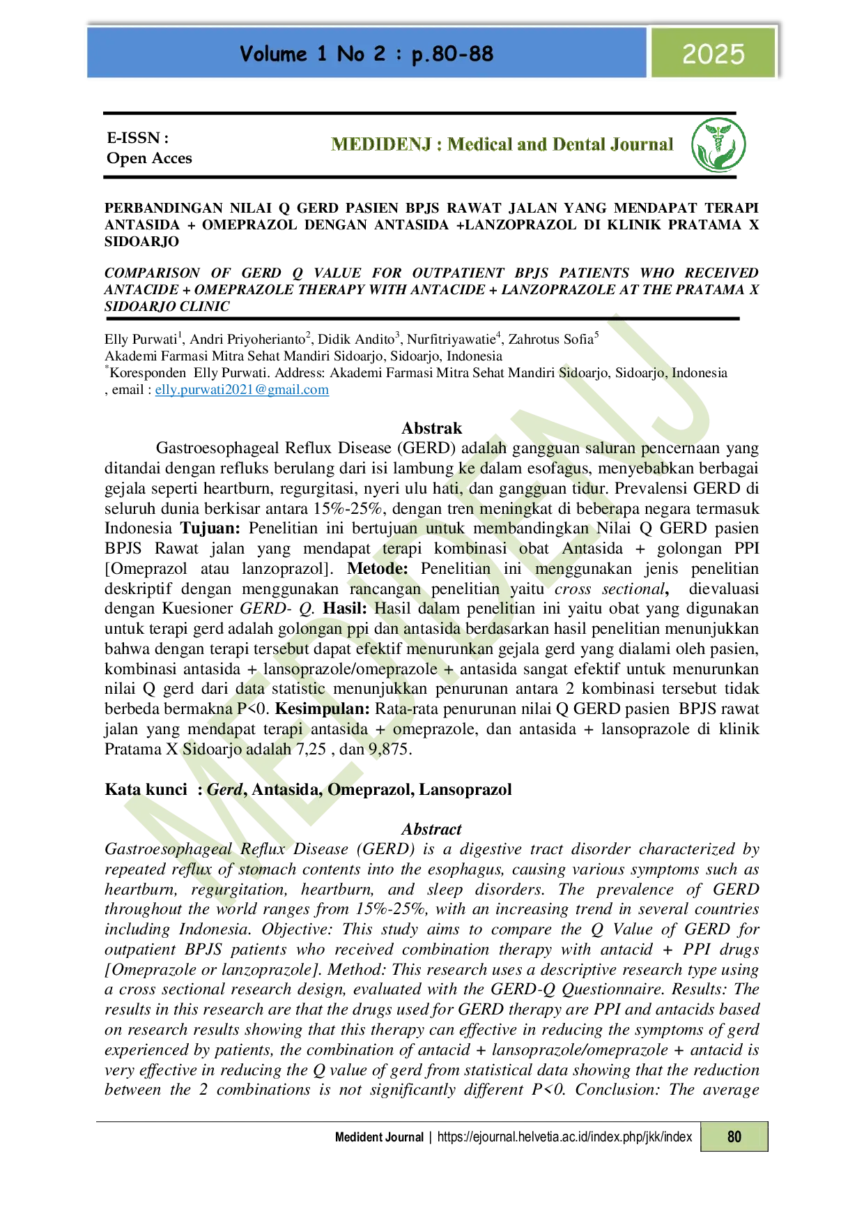 JURIS Perbandingan Nilai Q GERD Pasien BPJS Rawat Jalan Yang Mendapat Terapi Antasida Omeprazol Dengan Antasida Lanzoprazol Di Klinik Pratama X Sidoarjo
