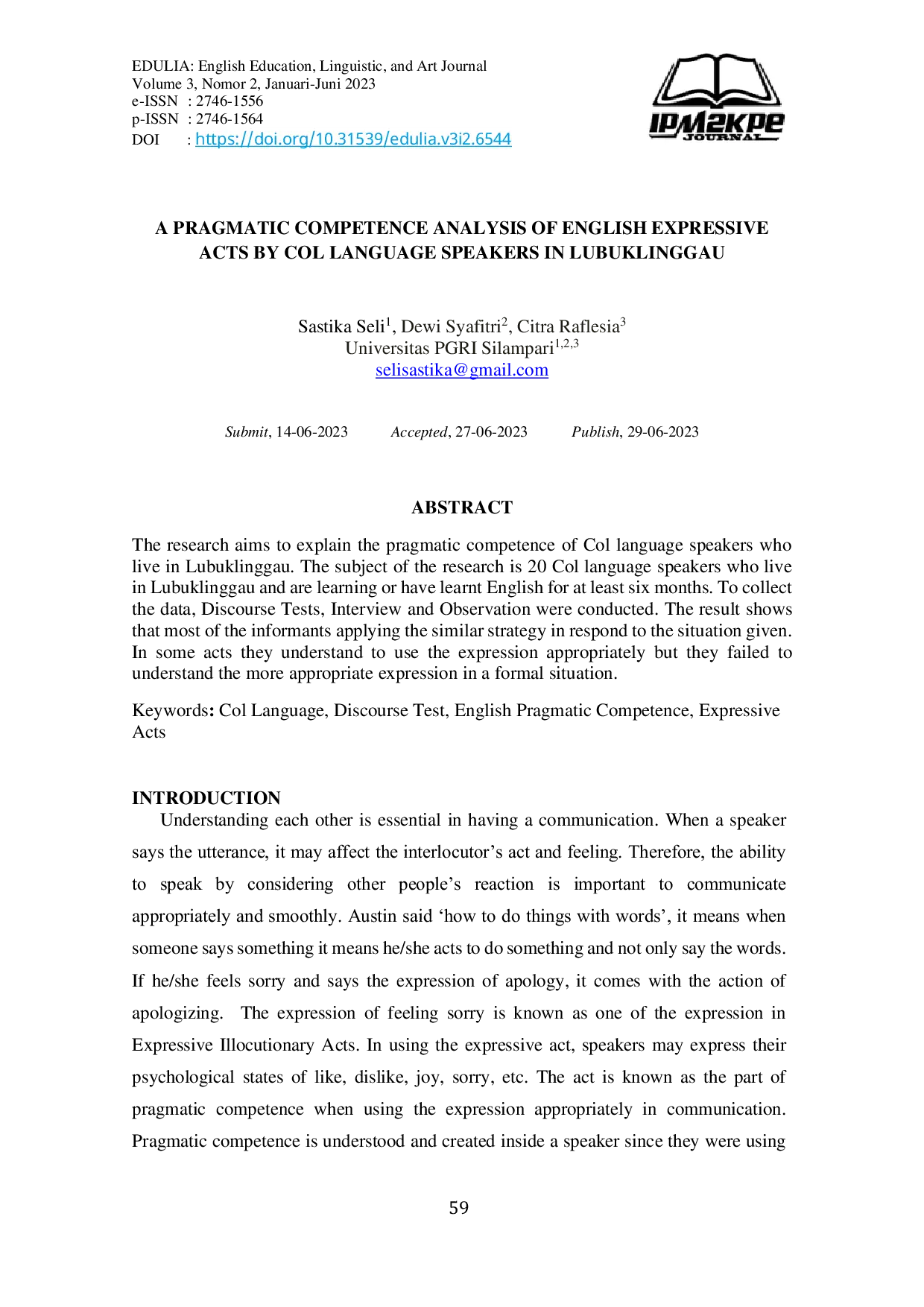 JURIS A Pragmatic Competence Analysis of English Expressive Acts by Col Language Speakers in Lubuklinggau