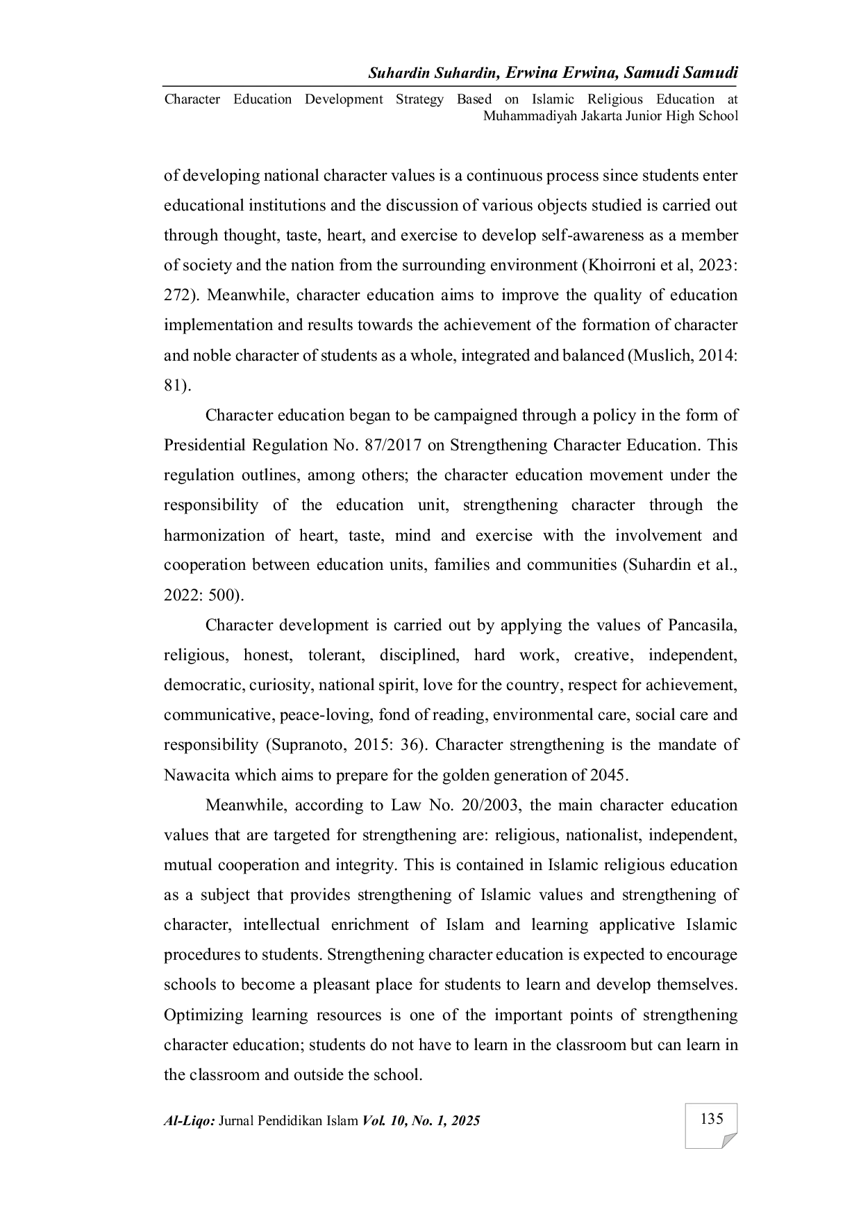 JURIS Character education development strategy based on Islamic religious education at Muhammadiyah Jakarta Junior High School