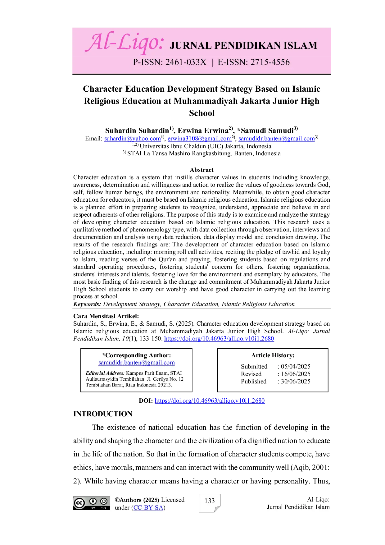 JURIS Character education development strategy based on Islamic religious education at Muhammadiyah Jakarta Junior High School