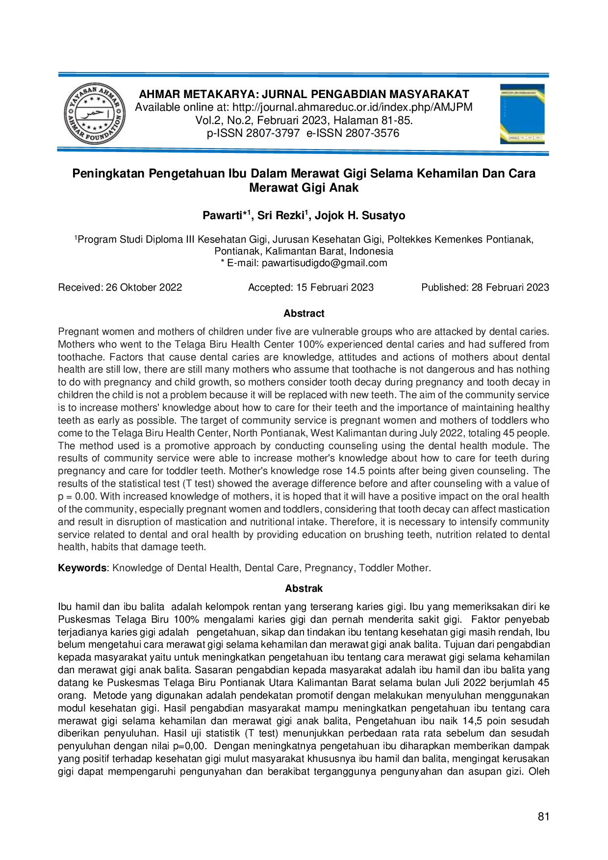 JURIS Peningkatan Pengetahuan Ibu Dalam Merawat Gigi Selama Kehamilan Dan Cara Merawat Gigi Anak