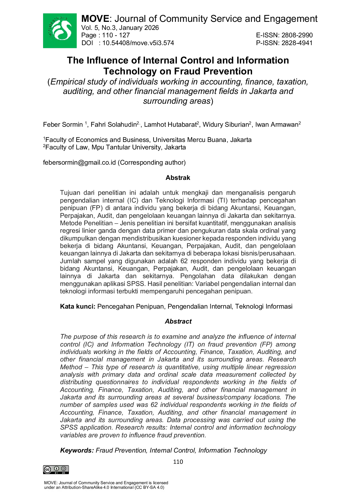 JURIS The Influence of Internal Control and Information Technology on Fraud Prevention Empirical study of individuals working in accounting finance taxation auditing and other financial management fiel