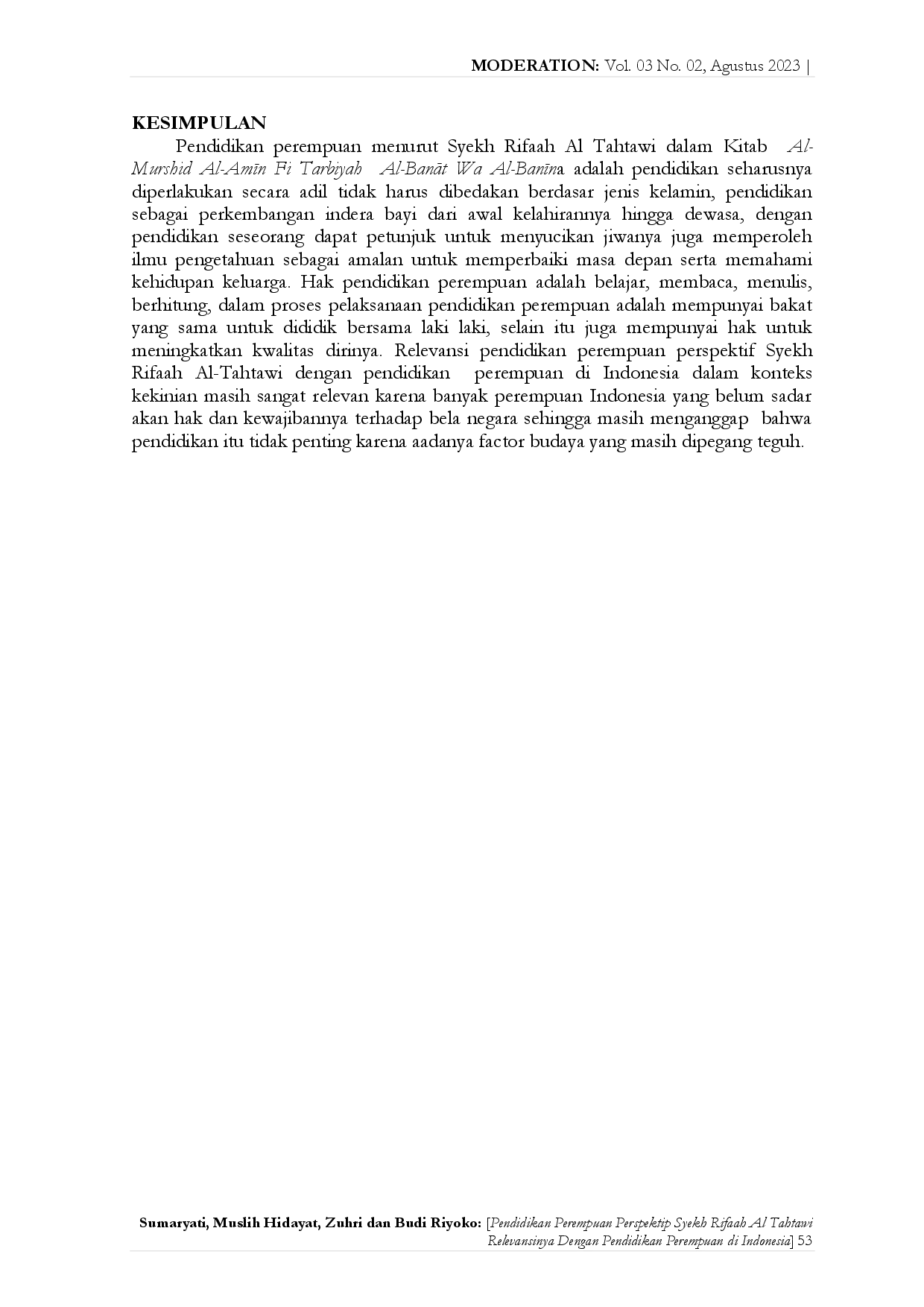 juris Pendidikan Perempuan Perspektif Syekh Rifaah Al Tahtawi Relevansinya Dengan Pendidikan Perempuan Di Indonesia