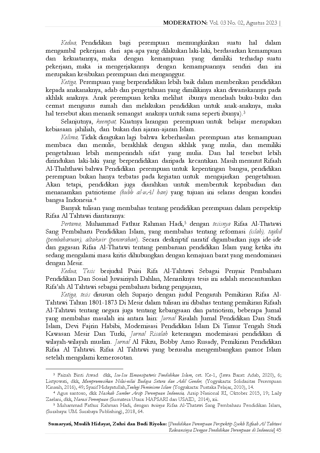 juris Pendidikan Perempuan Perspektif Syekh Rifaah Al Tahtawi Relevansinya Dengan Pendidikan Perempuan Di Indonesia