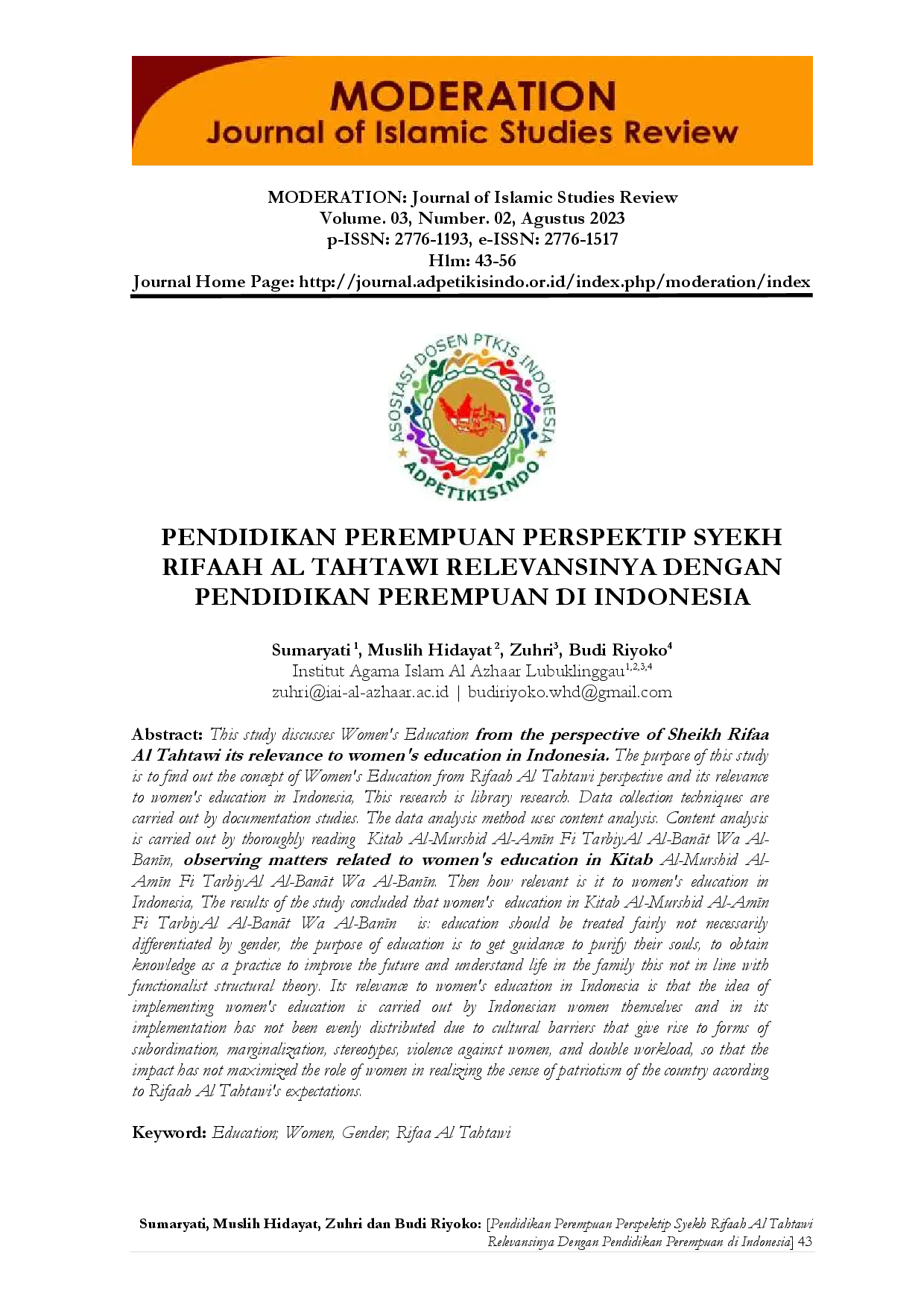 juris Pendidikan Perempuan Perspektif Syekh Rifaah Al Tahtawi Relevansinya Dengan Pendidikan Perempuan Di Indonesia