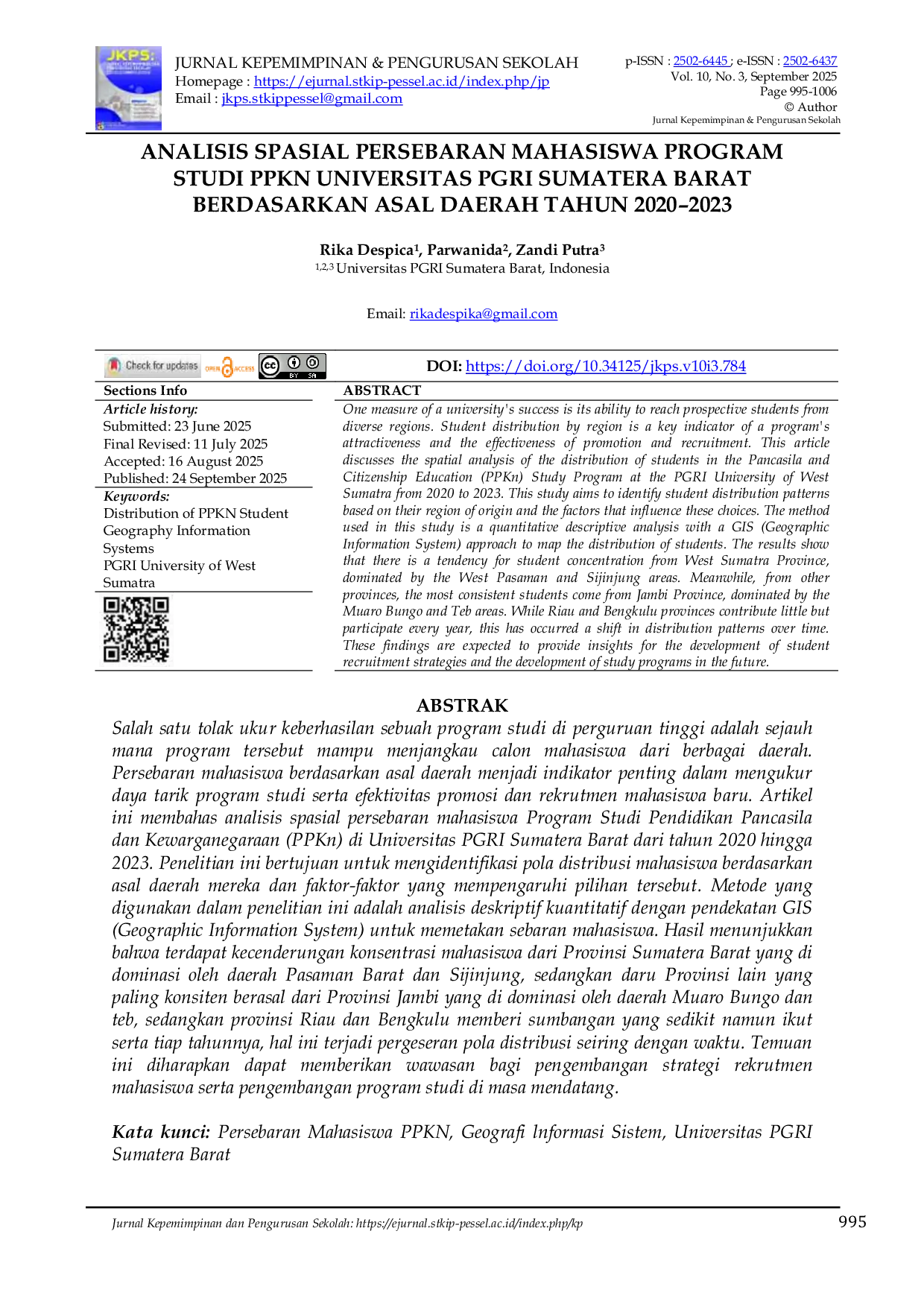 JURIS Analisis Spasial Persebaran Mahasiswa Program Studi Ppkn Universitas Pgri Sumatera Barat Berdasarkan Asal Daerah Tahun 2020 2023