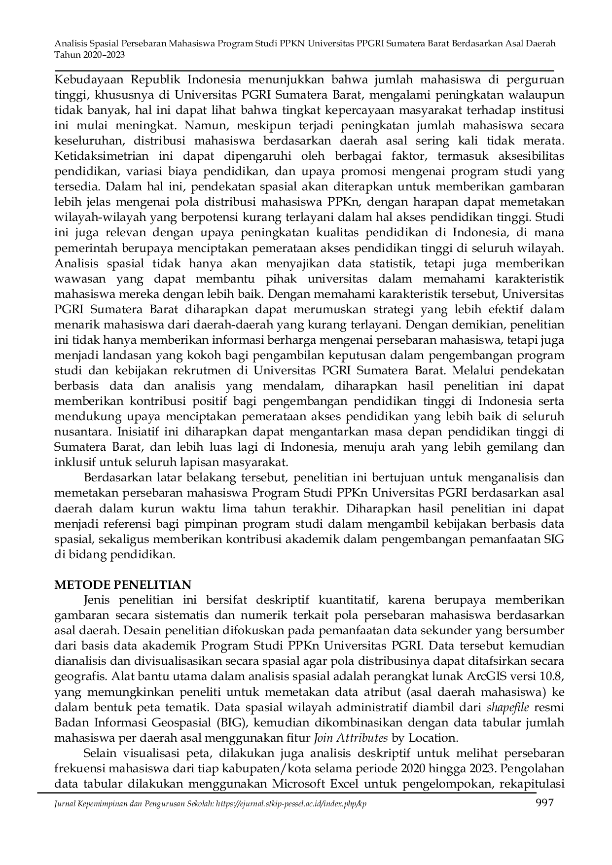JURIS Analisis Spasial Persebaran Mahasiswa Program Studi Ppkn Universitas Pgri Sumatera Barat Berdasarkan Asal Daerah Tahun 2020 2023