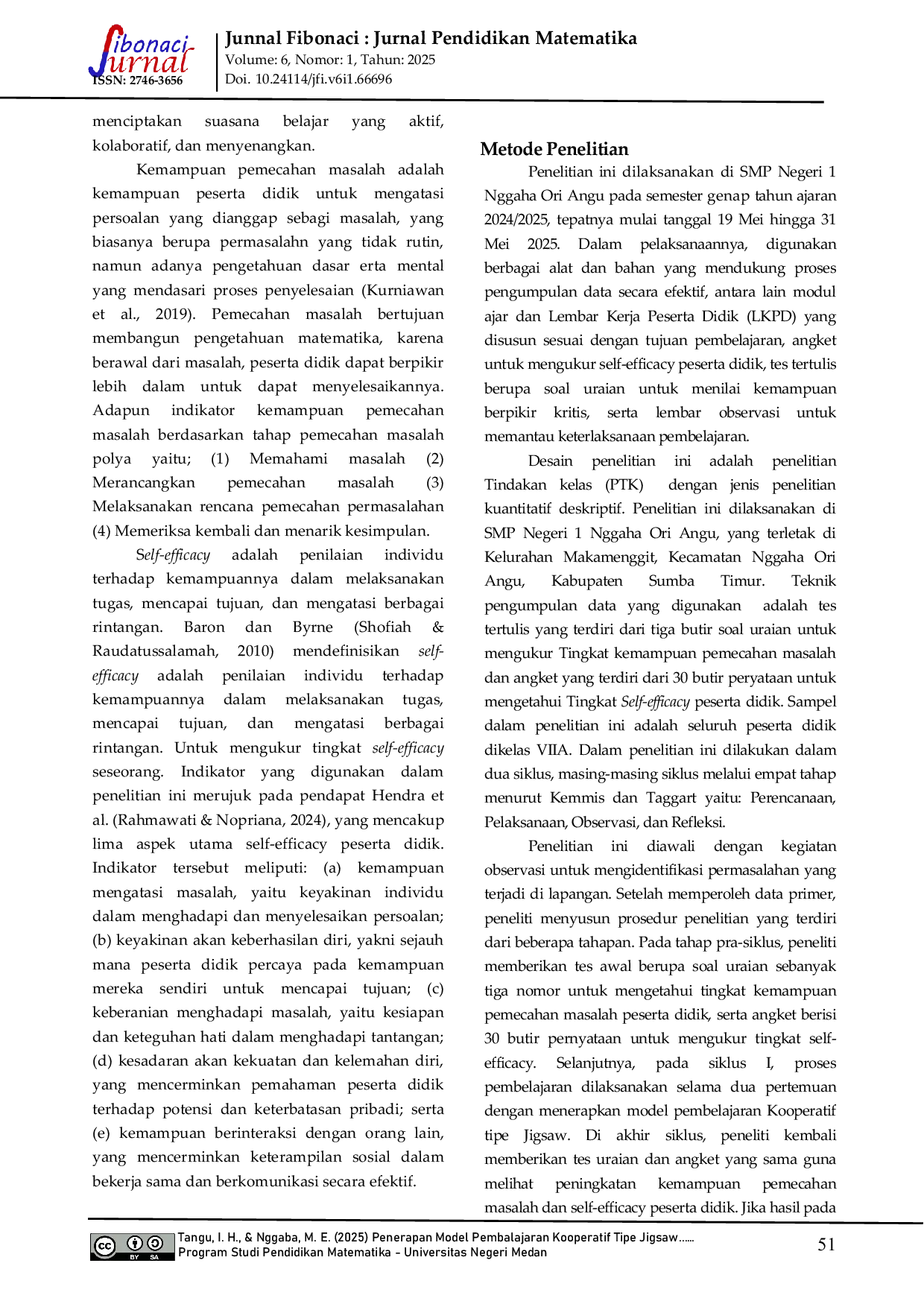 JURIS Penerapan Model Pembelajaran Kooperatif Tipe Jigsaw untuk Meningkatkan Kemampuan Pemecahan Masalah Matematis dan Self Efficacy Peserta Didik