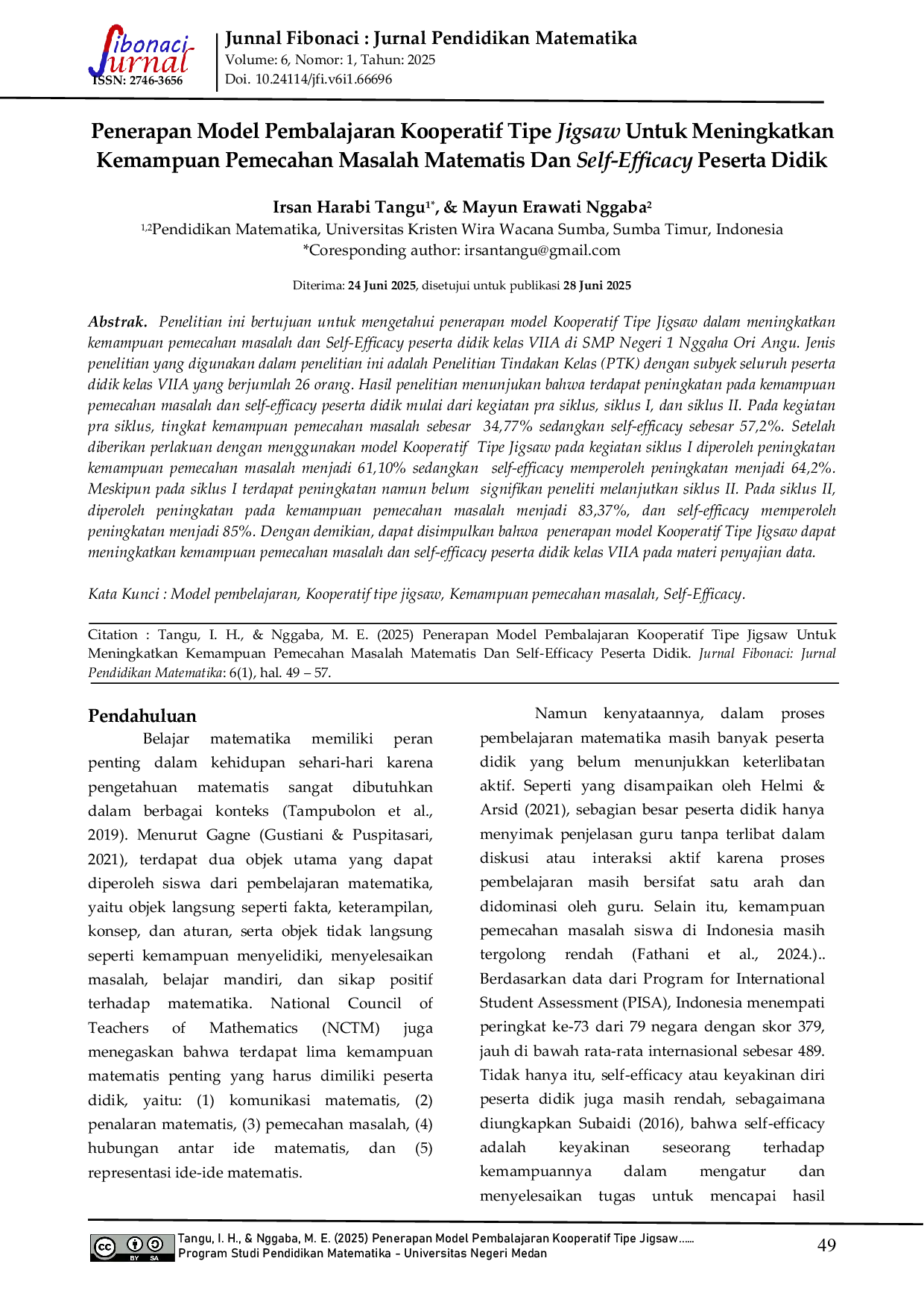 JURIS Penerapan Model Pembelajaran Kooperatif Tipe Jigsaw untuk Meningkatkan Kemampuan Pemecahan Masalah Matematis dan Self Efficacy Peserta Didik