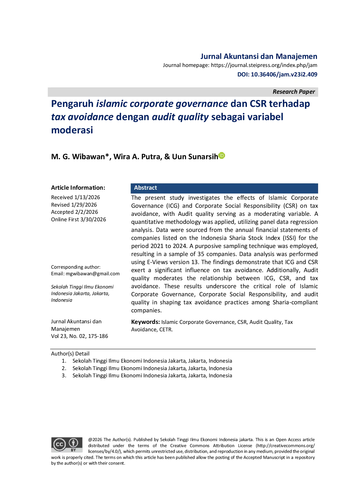 JURIS Pengaruh islamic corporate governance dan CSR terhadap tax avoidance dengan audit quality sebagai variabel moderasi