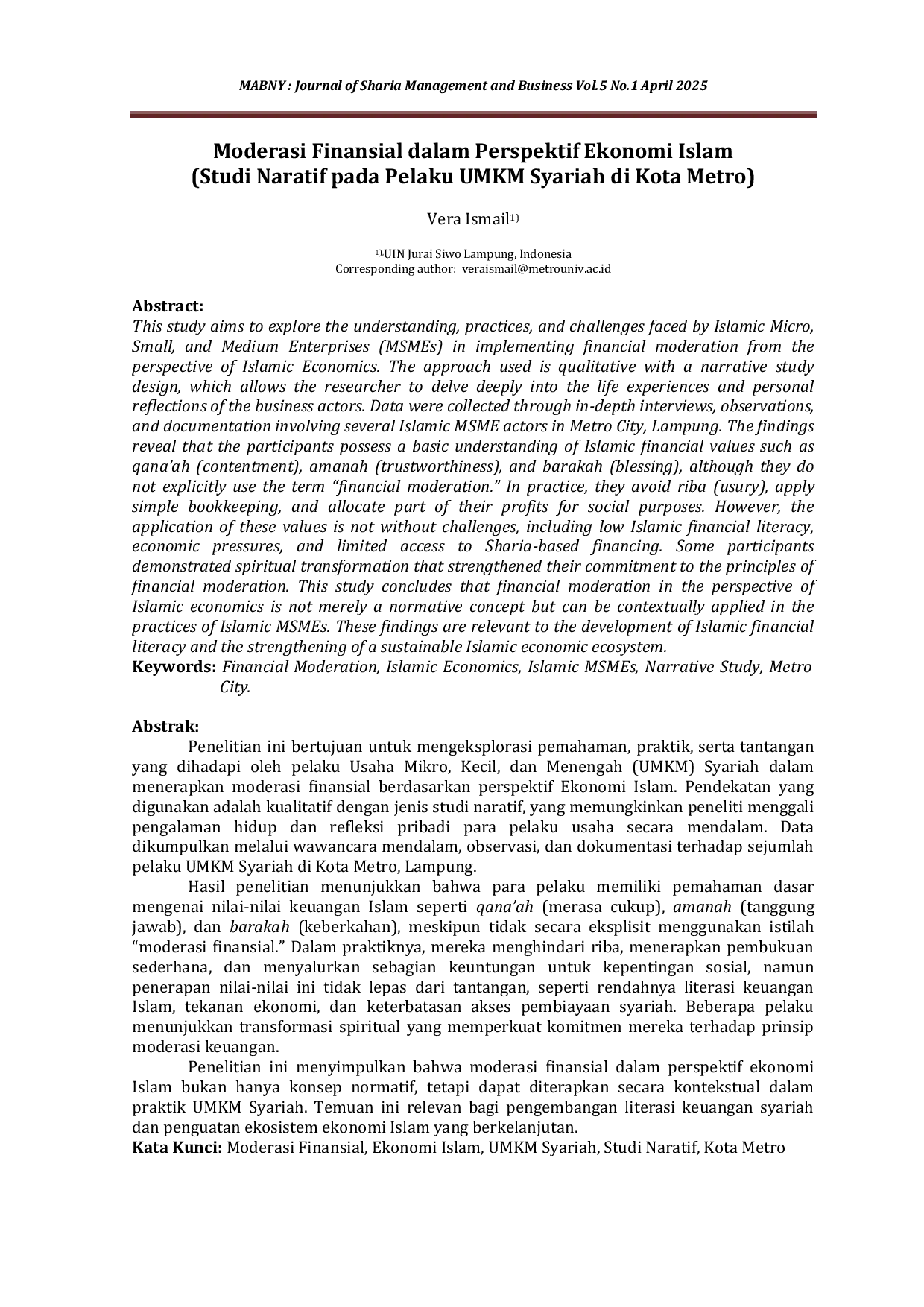 JURIS Moderasi Finansial Moderasi Financial dalam Prekspektif Ekonomi Islam Studi Naratif pada Pelaku UMKM Syariah di Kota Metro