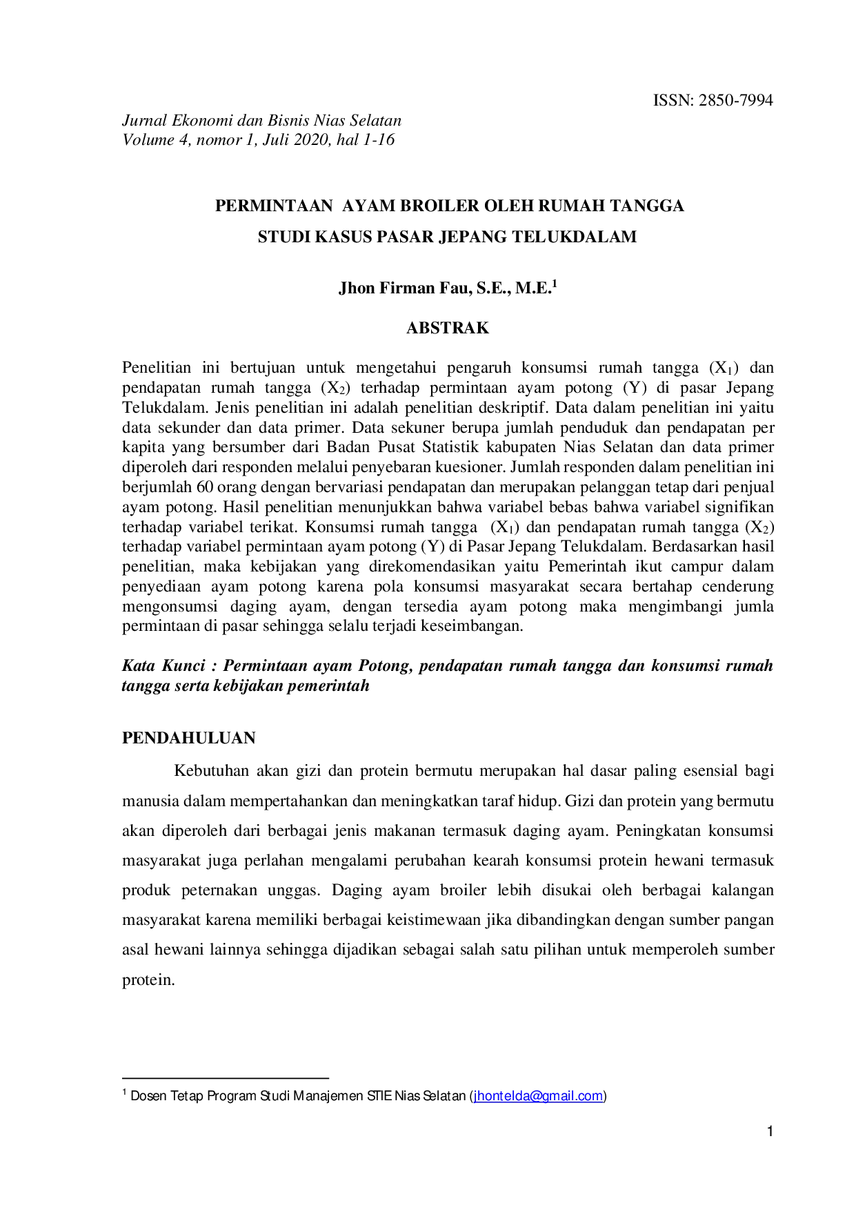 JURIS John Firman Fau PERMINTAAN AYAM BROILER OLEH RUMAH TANGGA STUDI KASUS PASAR JEPANG TELUKDALAM
