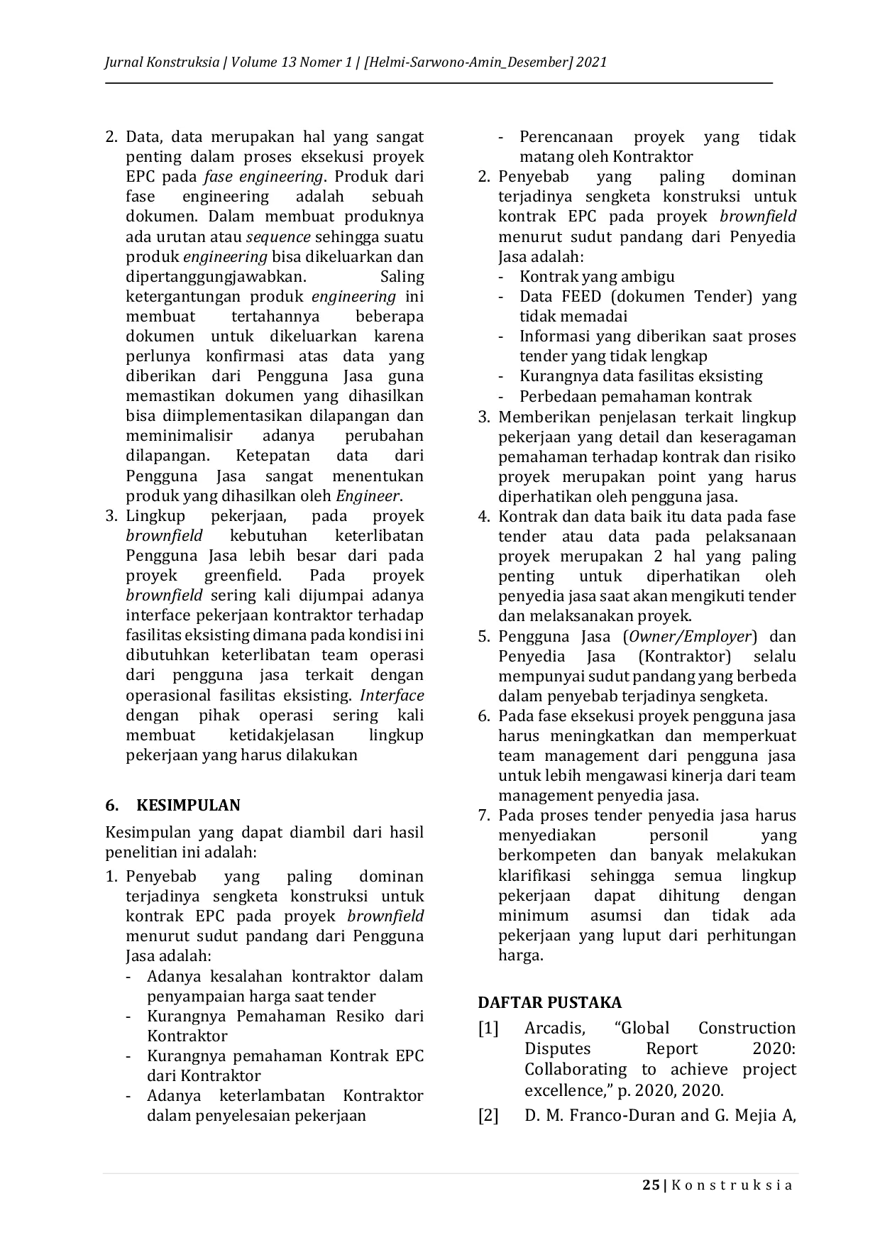 JURIS Faktor Faktor Penyebab Terjadinya Sengketa Konstruksi Pada Proyek EPC Brownfield