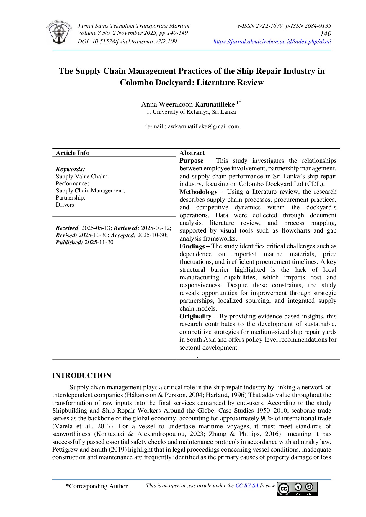 JURIS The Supply Chain Management Practices of the Ship Repair Industry in Colombo Dockyard Literature Review