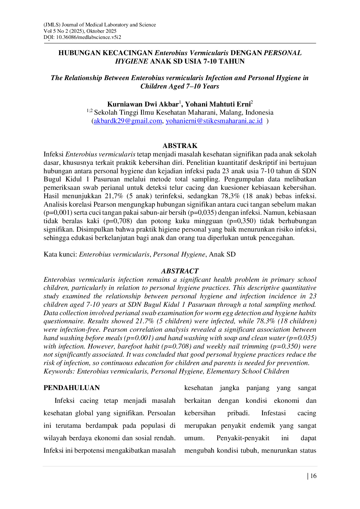 JURIS HUBUNGAN KECACINGAN Enterobius Vermicularis DENGAN PERSONAL HYGIENE ANAK SD USIA 7 10 TAHUN