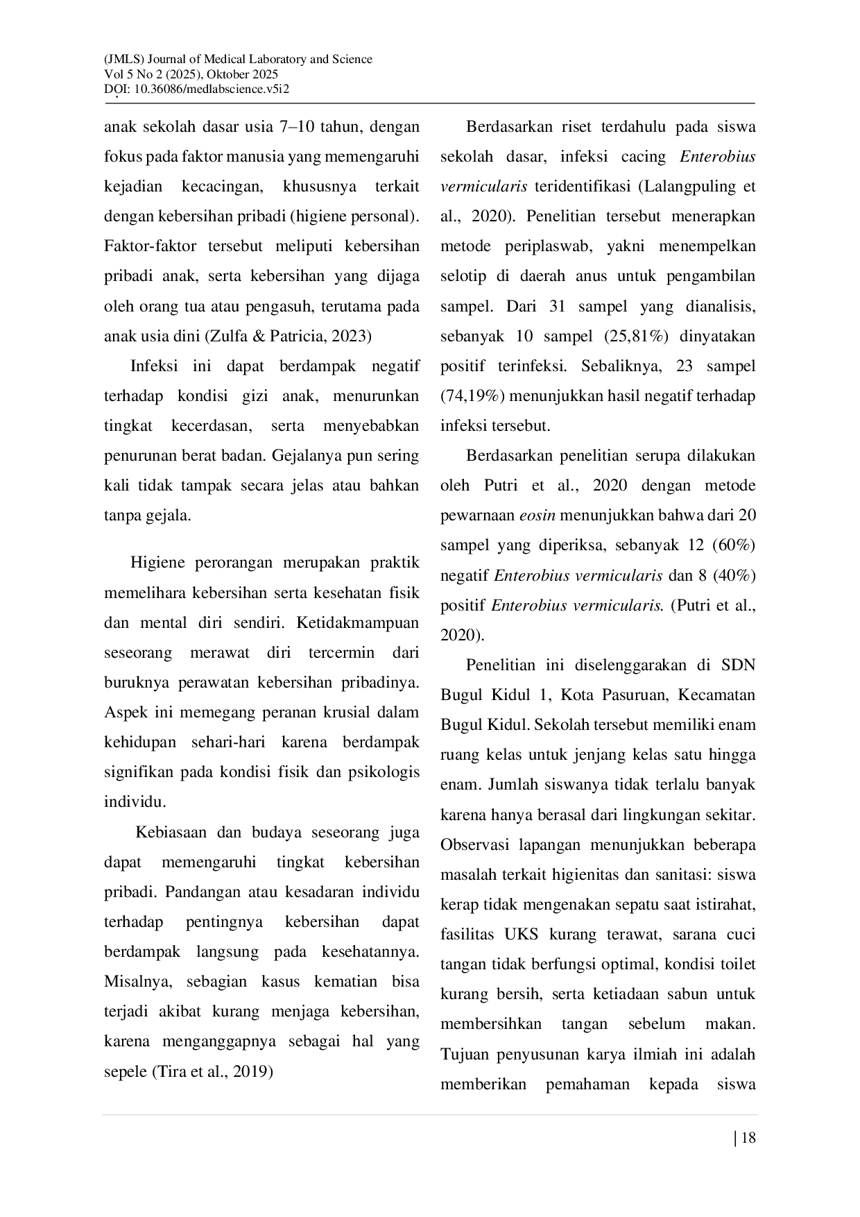 JURIS HUBUNGAN KECACINGAN Enterobius Vermicularis DENGAN PERSONAL HYGIENE ANAK SD USIA 7 10 TAHUN