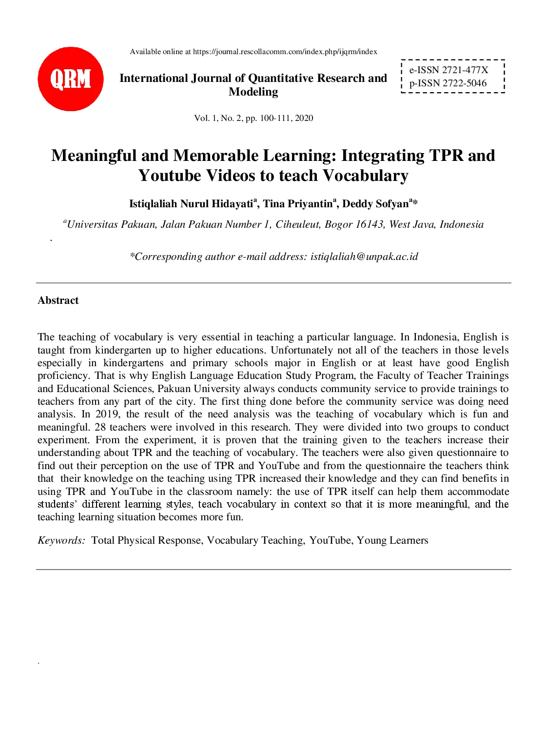 juris Meaningful and Memorable Learning Integrating TPR and Youtube Videos to teach Vocabulary