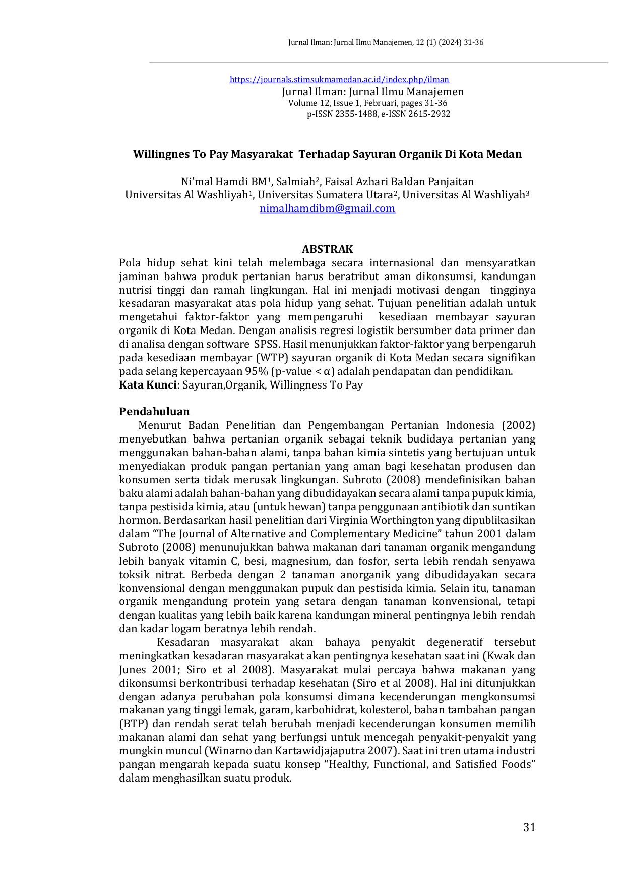 JURIS Willingnes To Pay Masyarakat Terhadap Sayuran Organik Di Kota Medan