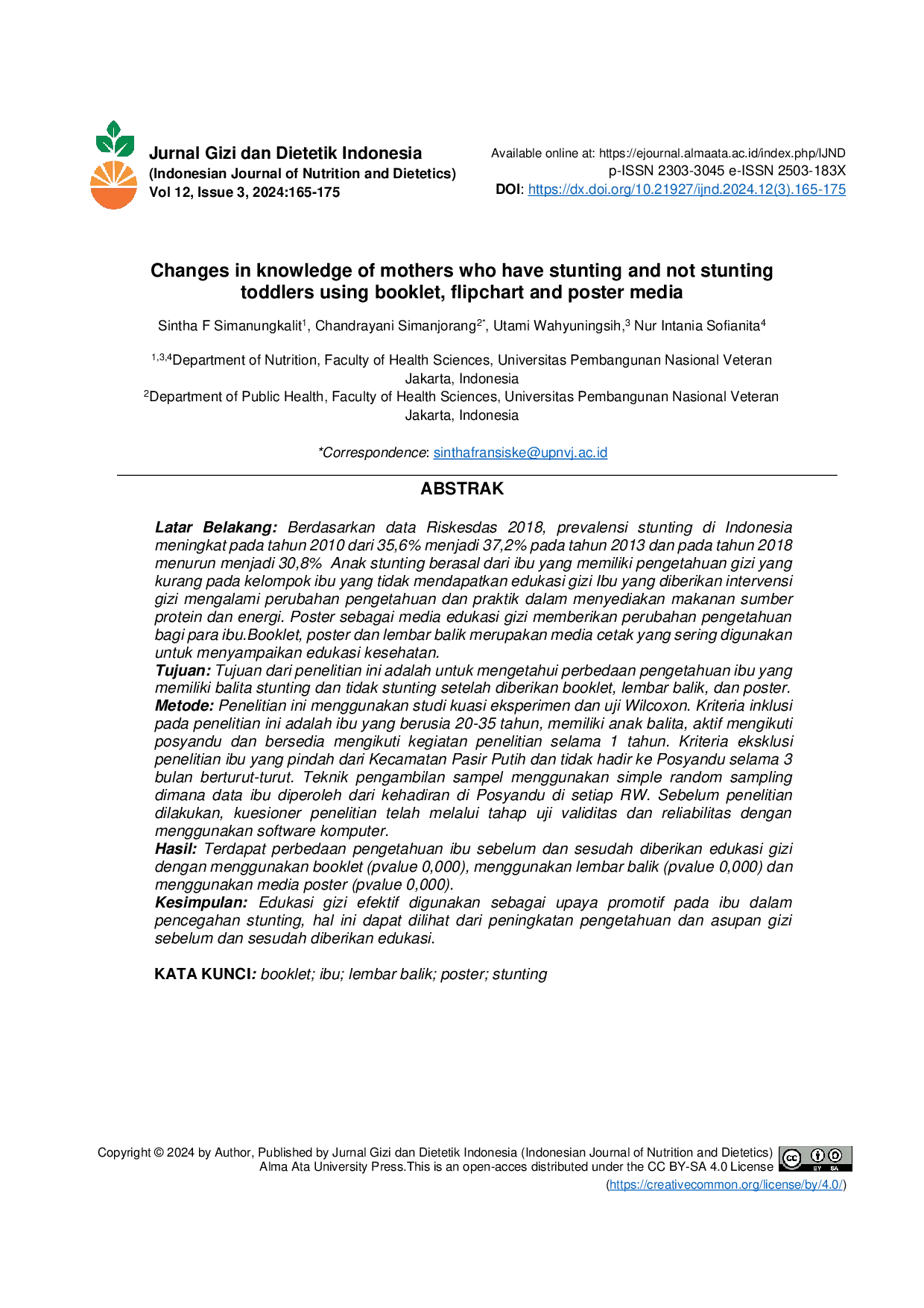 JURIS Perubahan Pengetahuan Ibu Yang Memiliki Balita Stunting Dan Tidak Stunting Dengan Media Booklet Lembar Balik Dan Poster