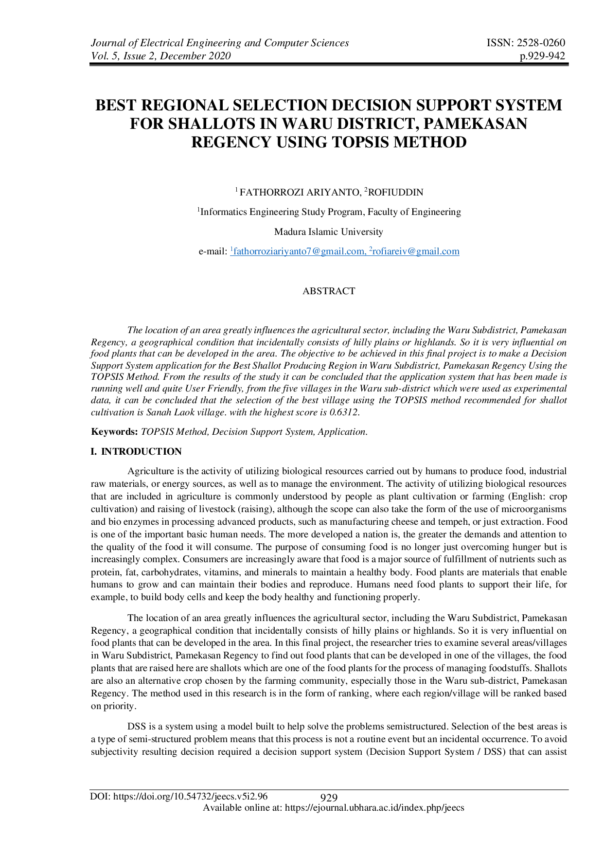 JURIS Best Regional Selection Decision Support System for Shallots in Waru District Pamekasan Regency Using Topsis Method