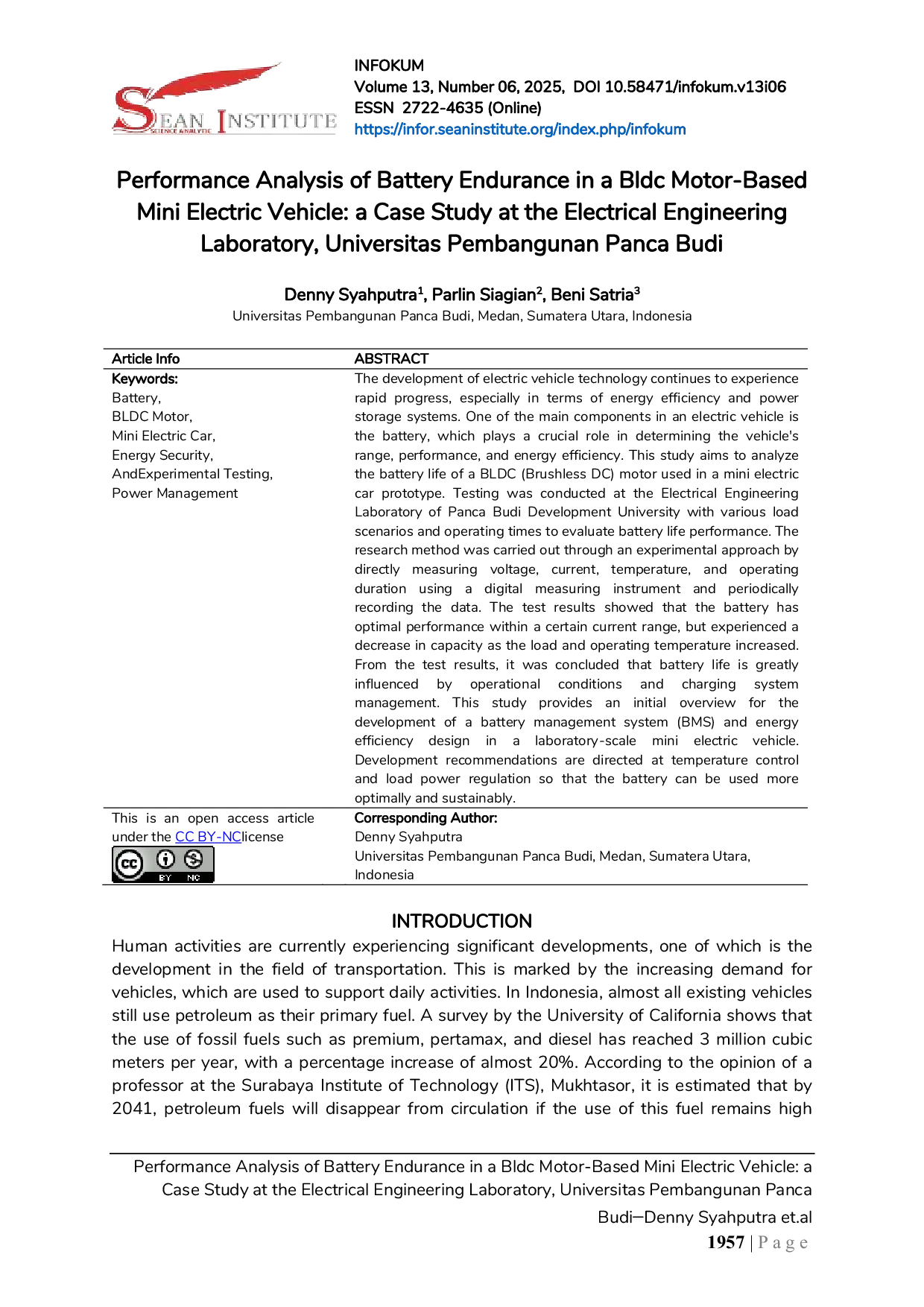 JURIS Performance Analysis of Battery Endurance in a Bldc Motor Based Mini Electric Vehicle a Case Study at the Electrical Engineering Laboratory Universitas Pembangunan Panca Budi