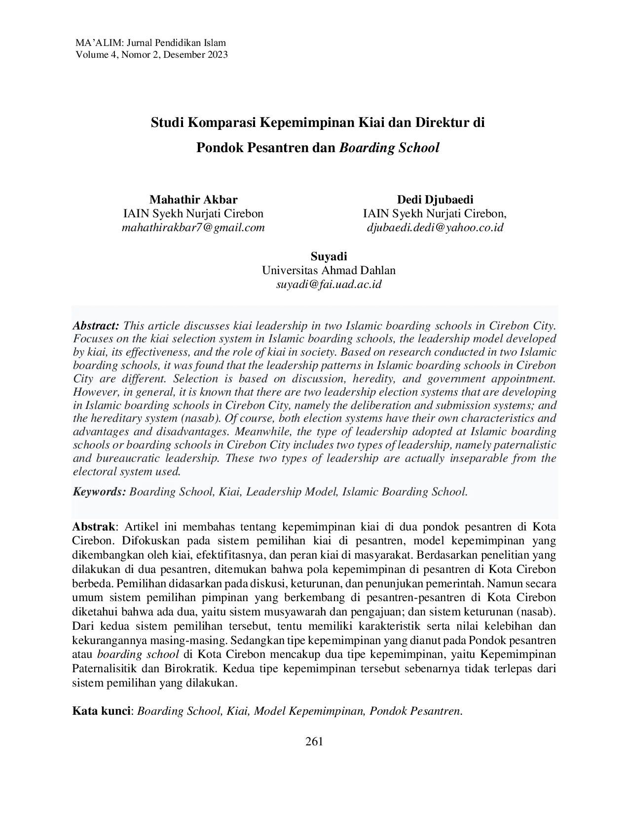 JURIS Studi Komparasi Kepemimpinan Kiai dan Direktur di Pondok Pesantren dan Boarding School