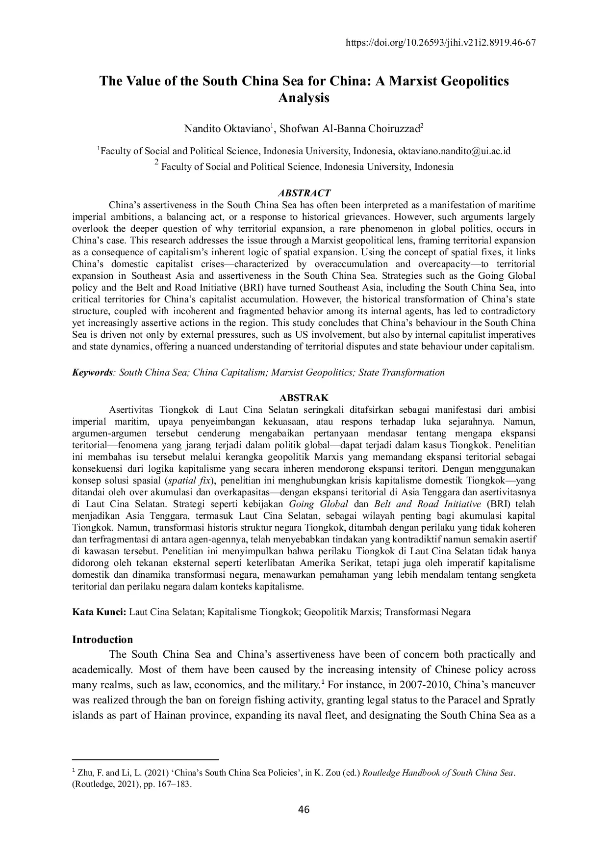JURIS Nilai dari Laut Cina Selatan untuk Tiongkok Suatu Analisis Geopolitik Marxis