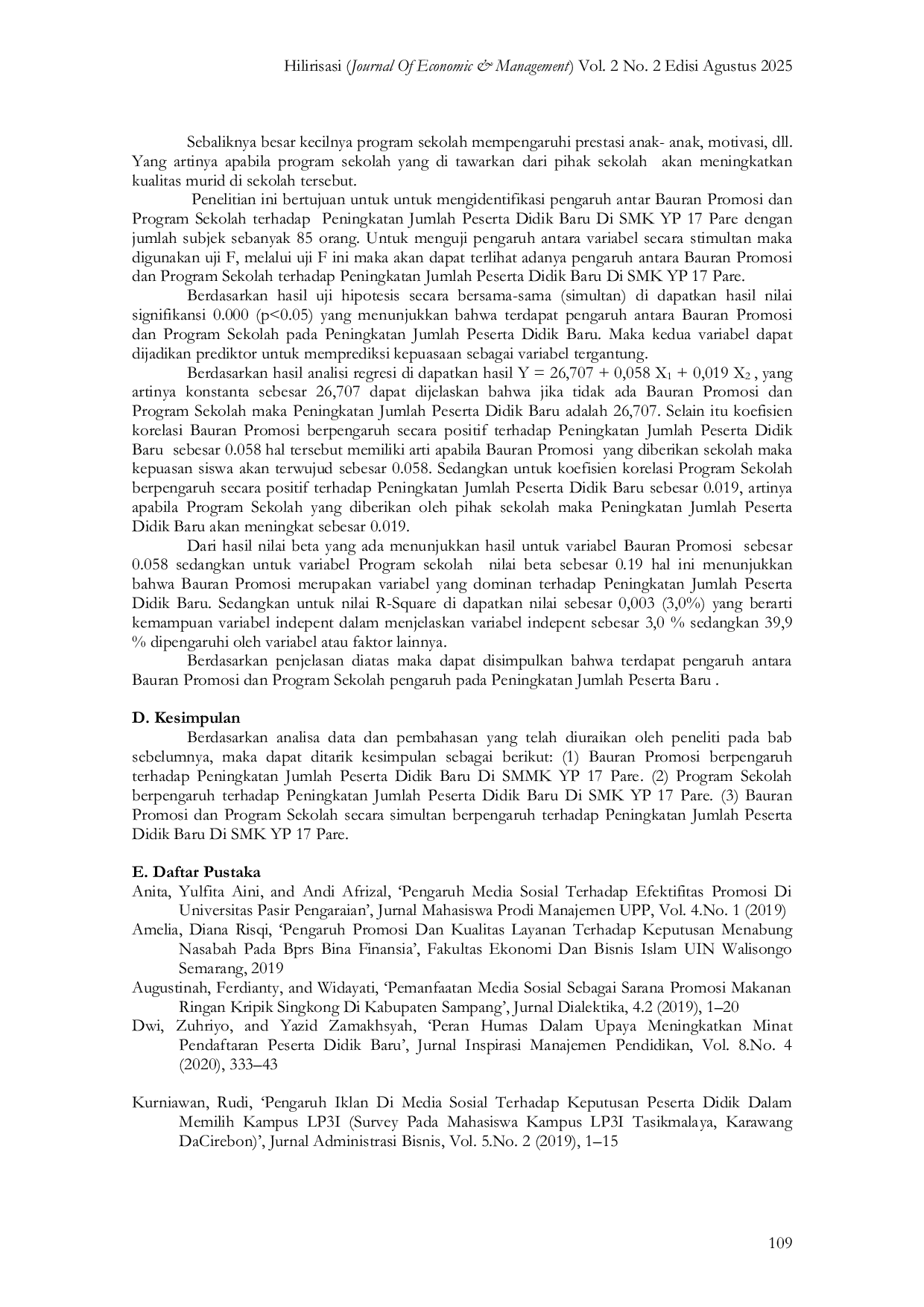 JURIS Pengaruh Bauran Promosi Dan Program Sekolah Terhadap Peningkatan Jumlah Peserta Didik Baru SMK YP 17 Pare Kediri