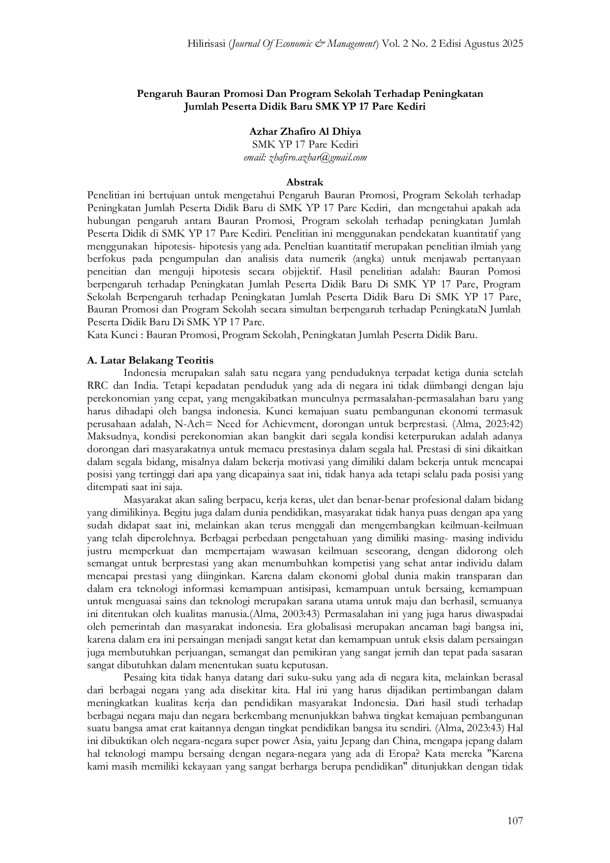 JURIS Pengaruh Bauran Promosi Dan Program Sekolah Terhadap Peningkatan Jumlah Peserta Didik Baru SMK YP 17 Pare Kediri