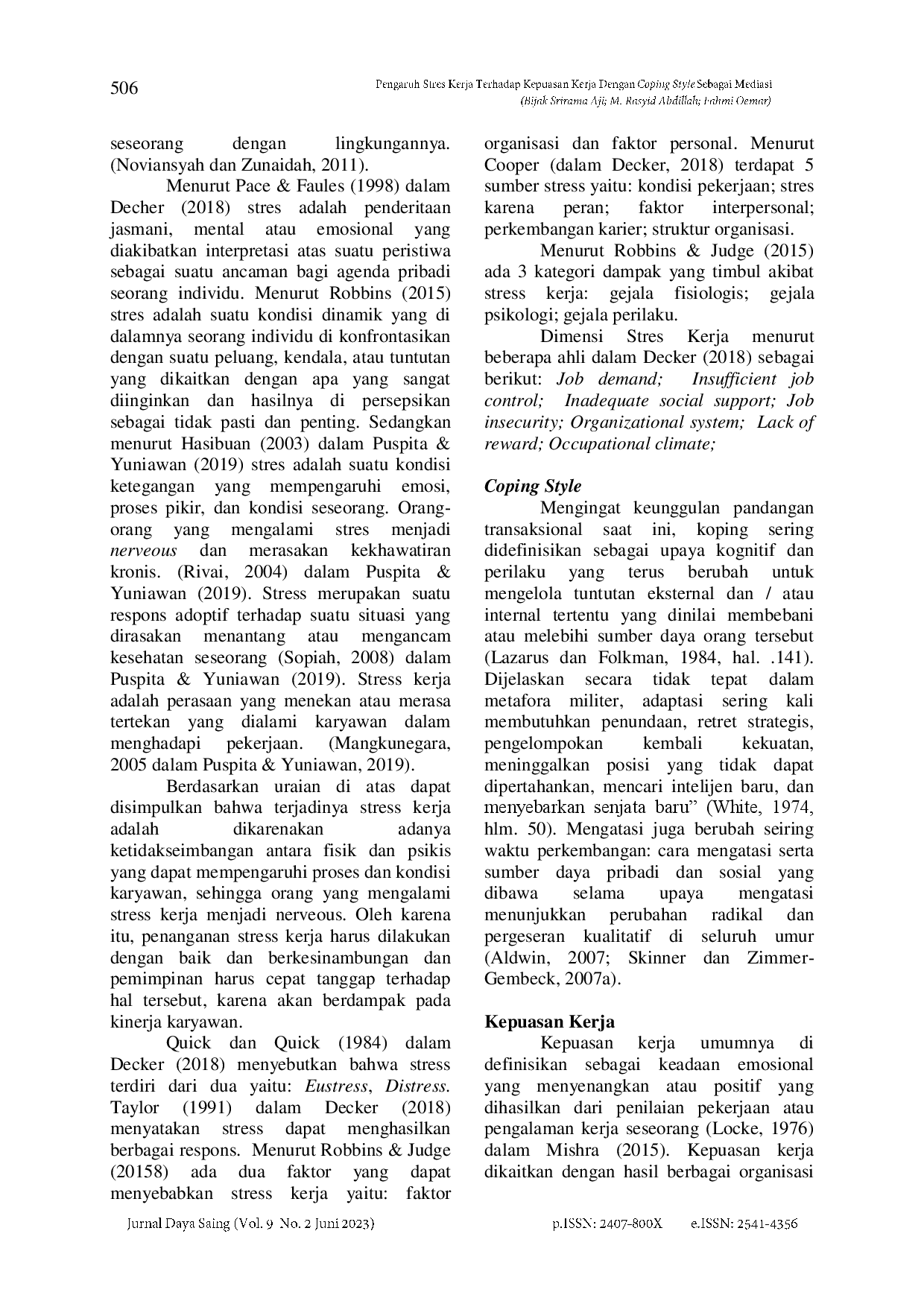 juris Pengaruh Stres Kerja Terhadap Kepuasan Kerja dengan Coping Style sebagai Mediasi