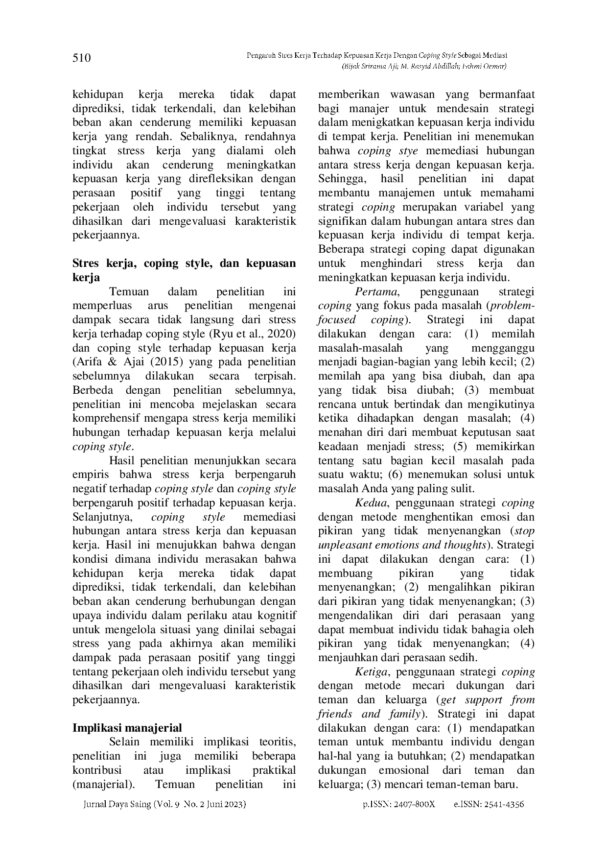 juris Pengaruh Stres Kerja Terhadap Kepuasan Kerja dengan Coping Style sebagai Mediasi