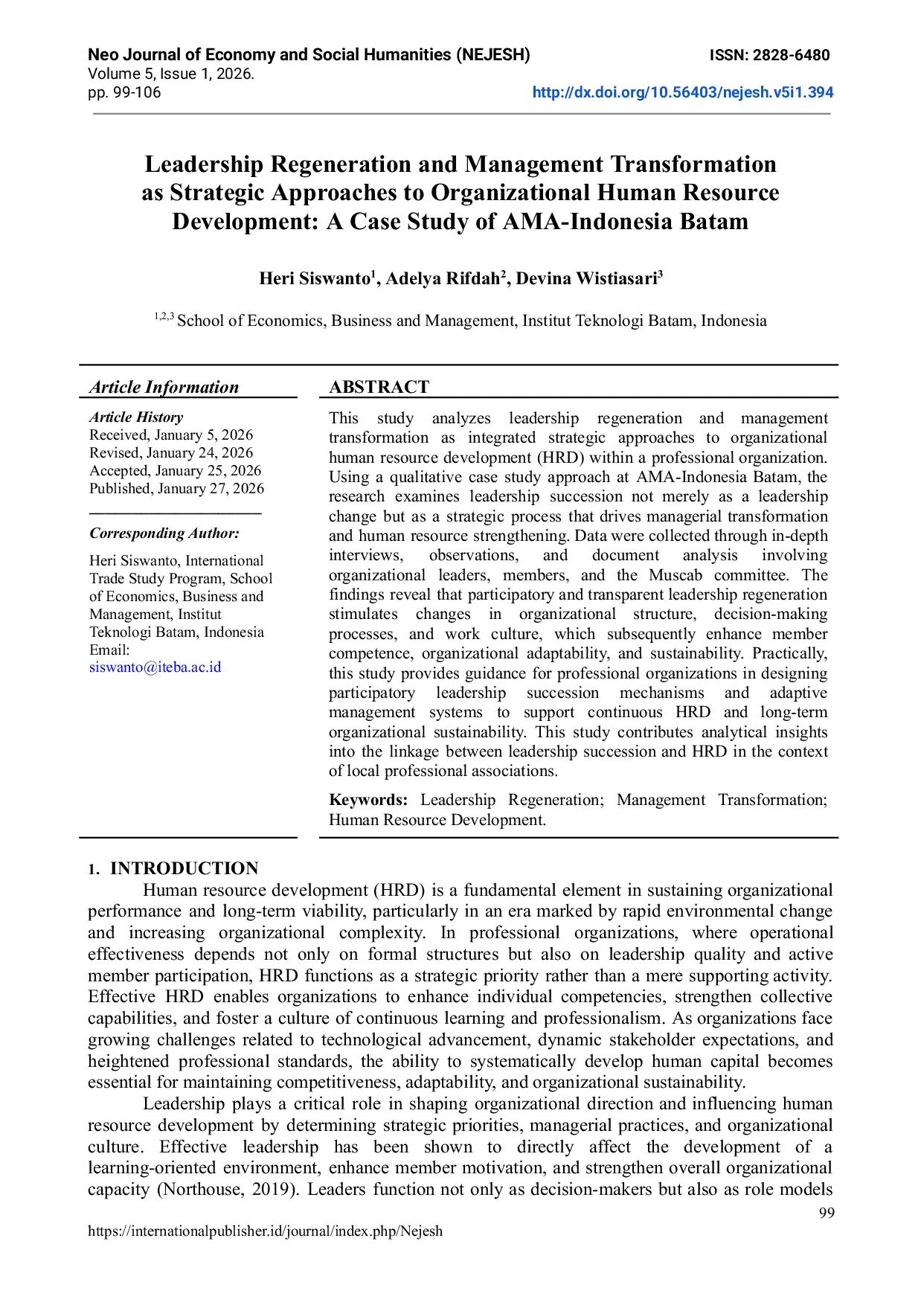 JURIS Regenerasi Kepemimpinan Dan Transformasi Manajemen Sebagai Pendekatan Strategis Terhadap Pengembangan Sumber Daya Manusia Organisasi Studi Kasus AMA Indonesia Batam